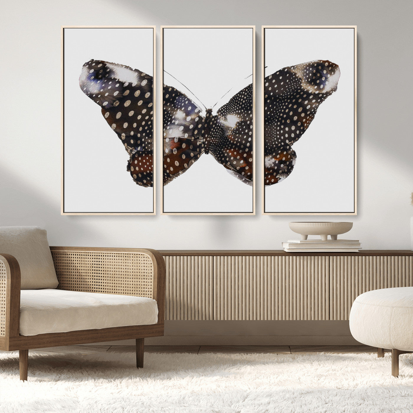MGV-FC-48X32-3P - Spotted Butterfly Wall Art Canvas Print, Framed Neutral Insect Theme Art Picture Print, Earthy Wing Pattern Perfect Modern Rustic Decor Artwork