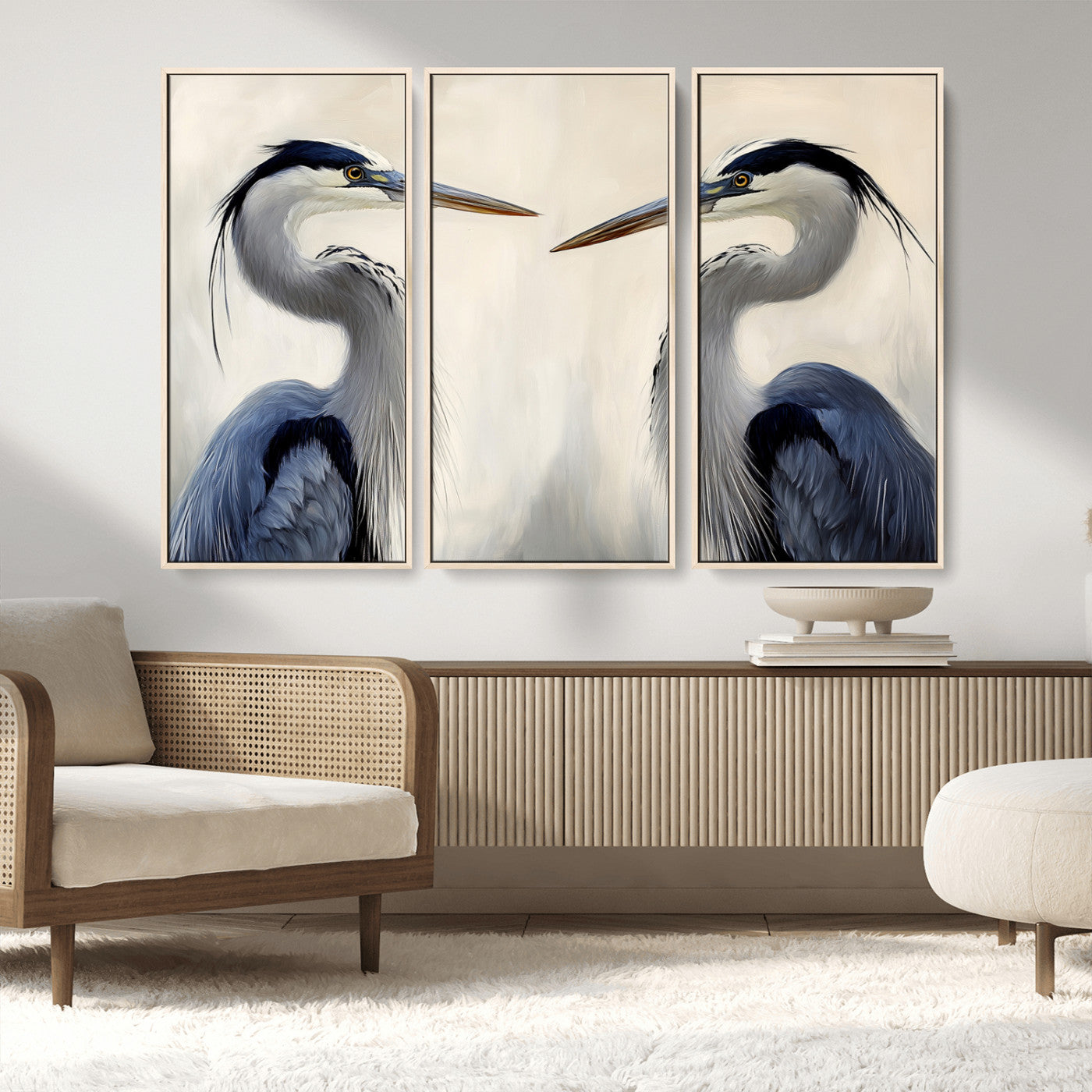MGV-FC-48X32-3P - Blue Heron Pair Wall Art Canvas Print, Framed Coastal Bird Theme Art Picture Print, Tranquil Wildlife Scene Perfect Coastal Minimalist Decor Artwork