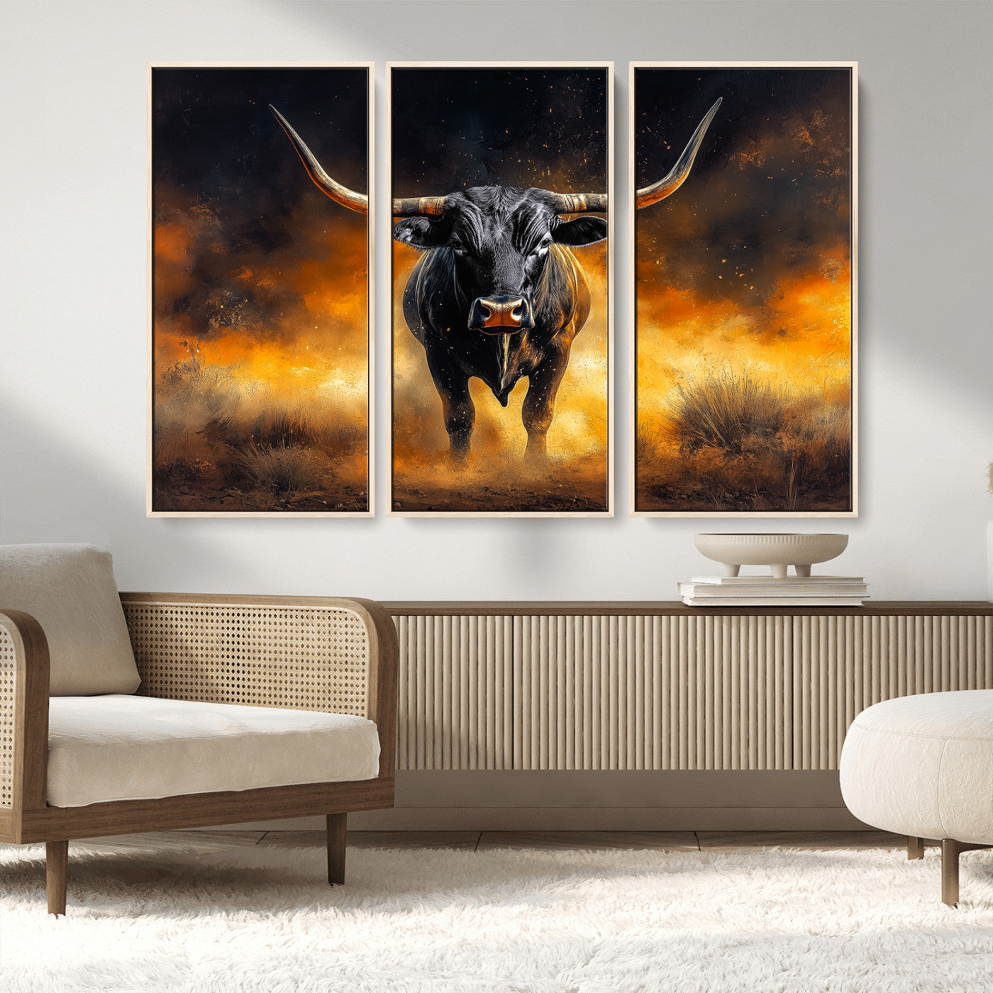 MGV-FC-48X32-3P - Longhorn Canvas Wall Art Canvas Print, Framed Bold Bull Wall Art Art Picture Print, Western Animal Decor Perfect Western Dramatic Decor Artwork