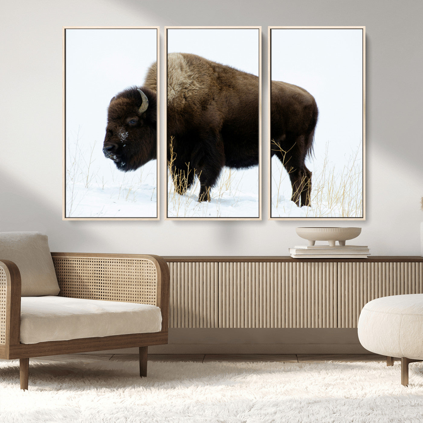 MGV-FC-48X32-3P - Bison Photography Wall Art Canvas Print, Framed Western Wildlife Art Picture Print, Buffalo On Snow Perfect Western Decor Artwork