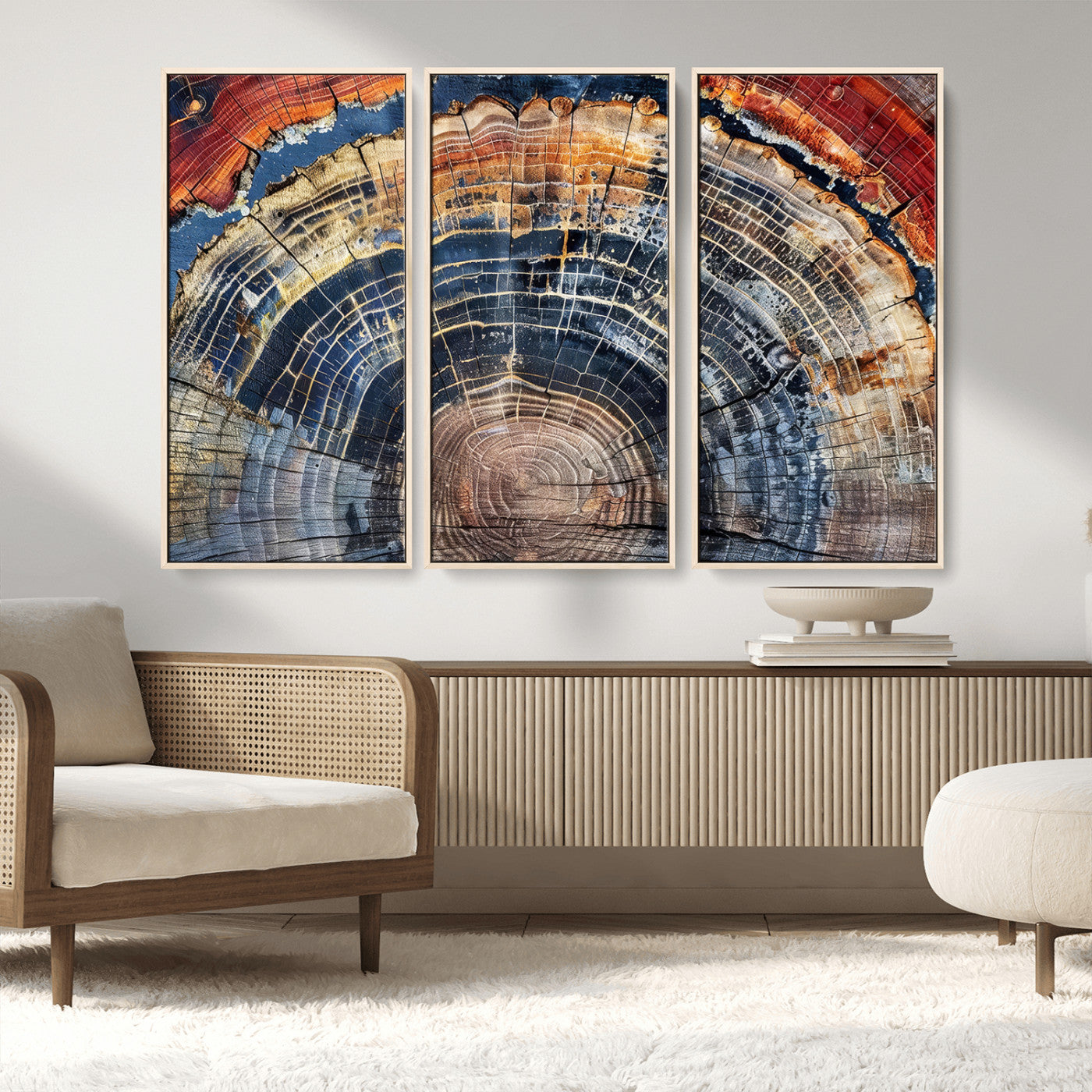 MGV-FC-48X32-3P - Tree Rings Wall Art Canvas Print, Framed Wood Texture Art Picture Print, Petrified Wood Perfect Modern Rustic Decor Artwork