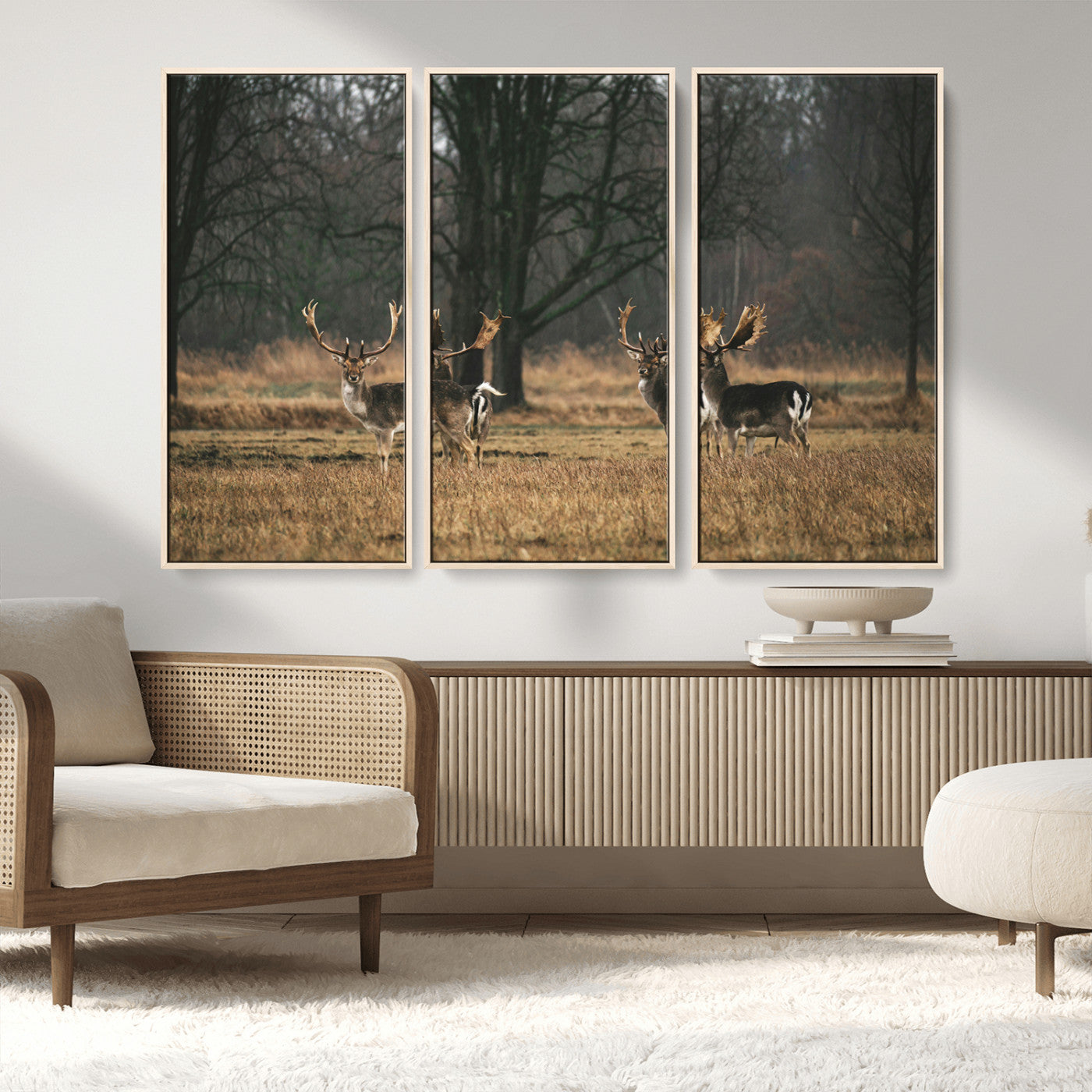 MGV-FC-48X32-3P - Deer Photography Wall Art Canvas Print, Framed Rustic Wildlife Art Picture Print, Stags In Forest Perfect Rustic Wilderness Decor Artwork