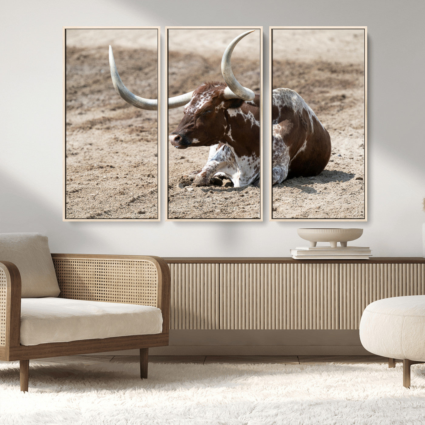 76549210-MGV-FC-48X32-3P_Natural-Texas Longhorn Wall Art Canvas Print, Framed Country Living Art Picture Print, Farmhouse Perfect