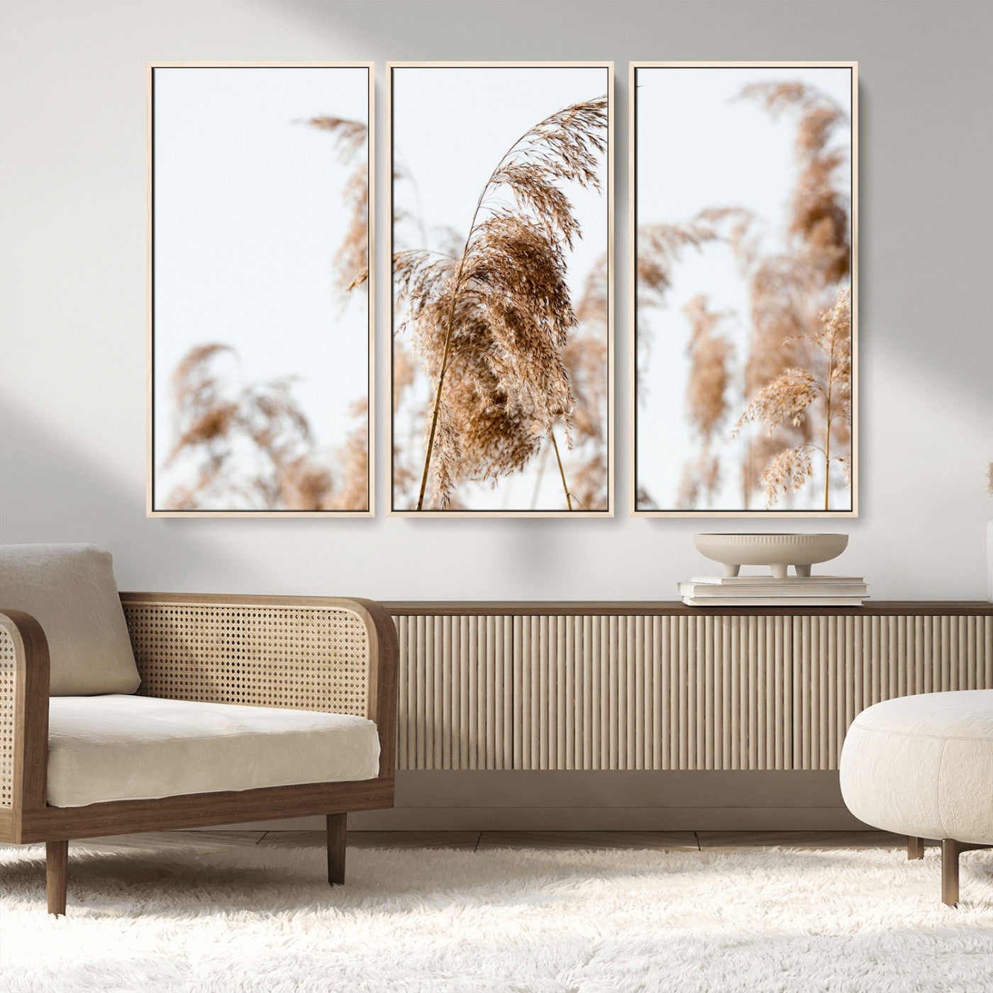MGV-FC-48X32-3P - Pampas Grass Wall Art Canvas Print, Framed Neutral Tones Art Picture Print, Minimalist Nature Perfect Boho Decor Artwork