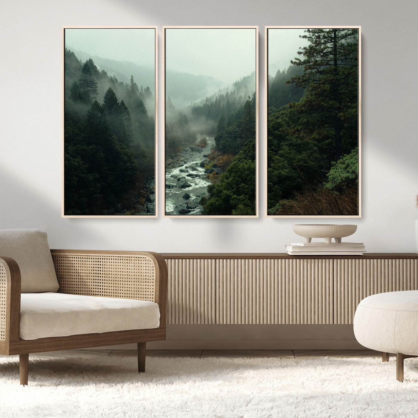 MGV-FC-48X32-3P - Misty Forest Wall Art Canvas Print, Framed Foggy River Art Picture Print, Moody Landscape Perfect Wilderness Decor Artwork
