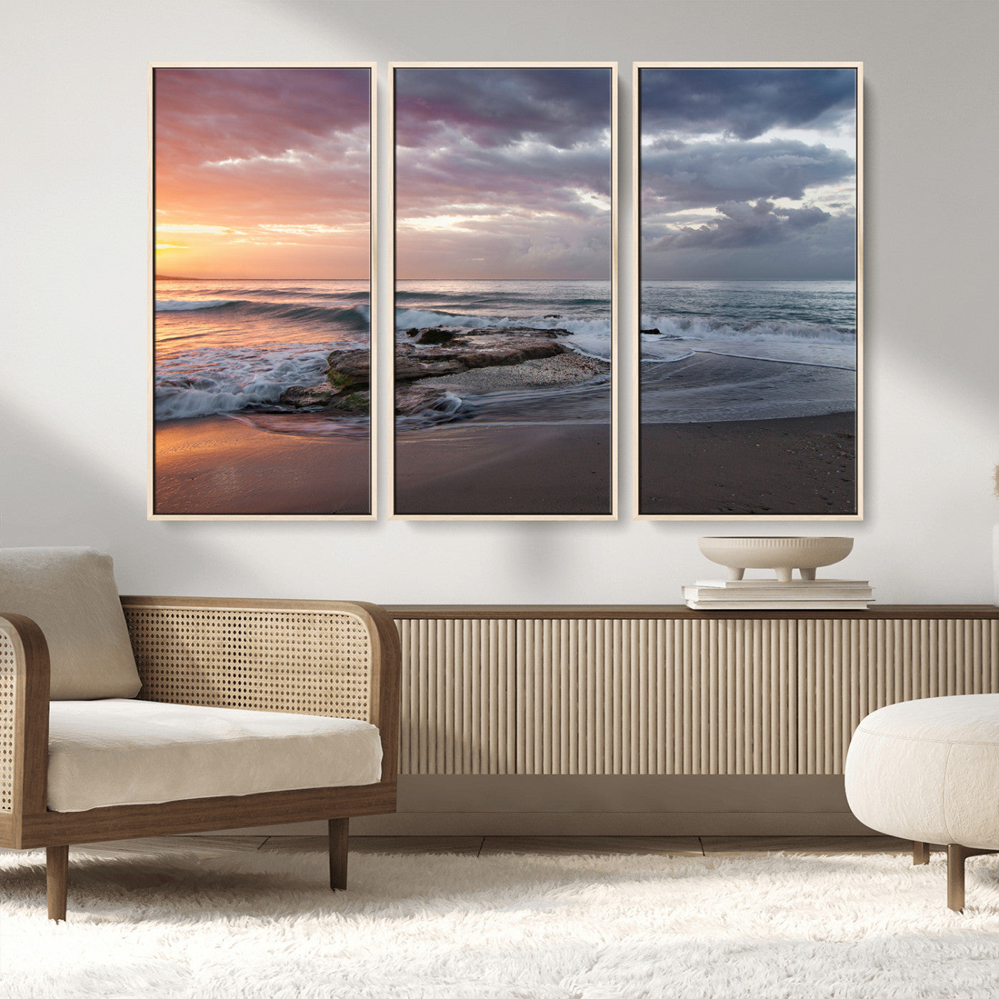 MGV-FC-48X32-3P - Golden Hour Wall Art Canvas Print, Framed Tranquil Waves Art Picture Print, Beach Perfect Coastal Serenity Decor Artwork