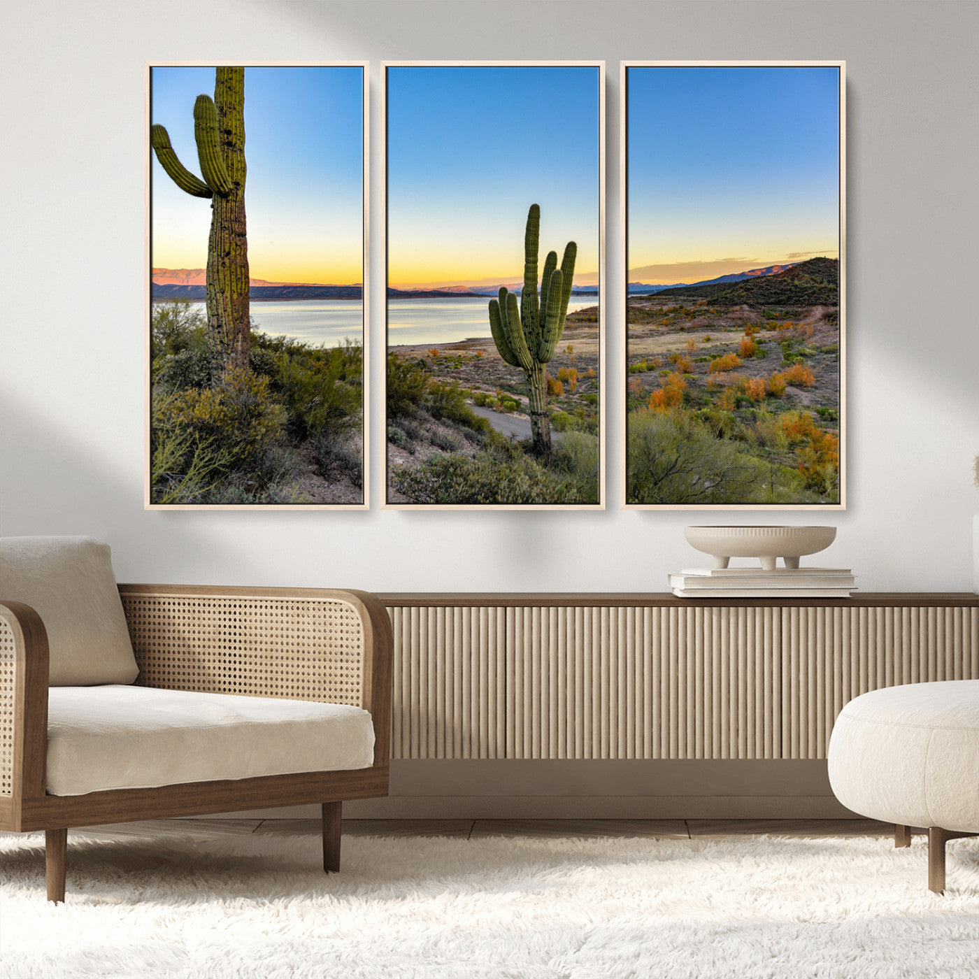 MGV-FC-48X32-3P - Saguaro Cactus Wall Art Canvas Print, Framed Desert Sunset Art Picture Print, Southwestern Perfect Southwestern Decor Artwork