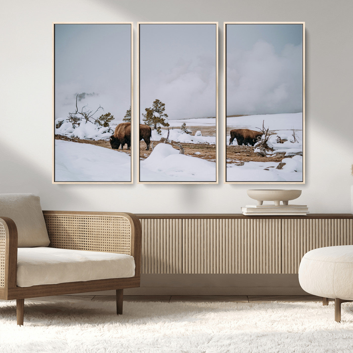 MGV-FC-48X32-3P - Bison Wildlife Wall Art Canvas Print, Framed Snowy Prairie Art Picture Print, Western Perfect Rustic Decor Artwork