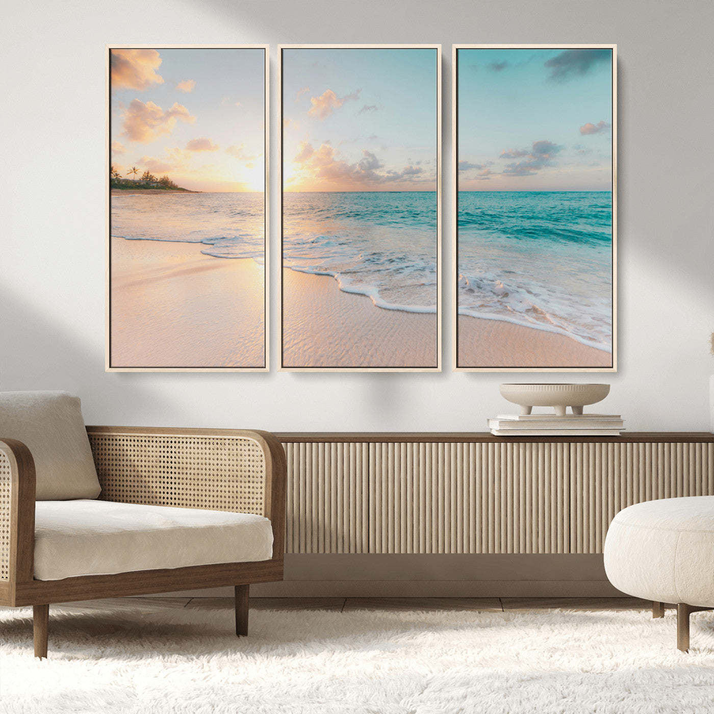 MGV-FC-48X32-3P - Beach Sunset Wall Art Canvas Print, Framed Ocean Waves Art Picture Print, Summer Escape Perfect Coastal Decor Artwork