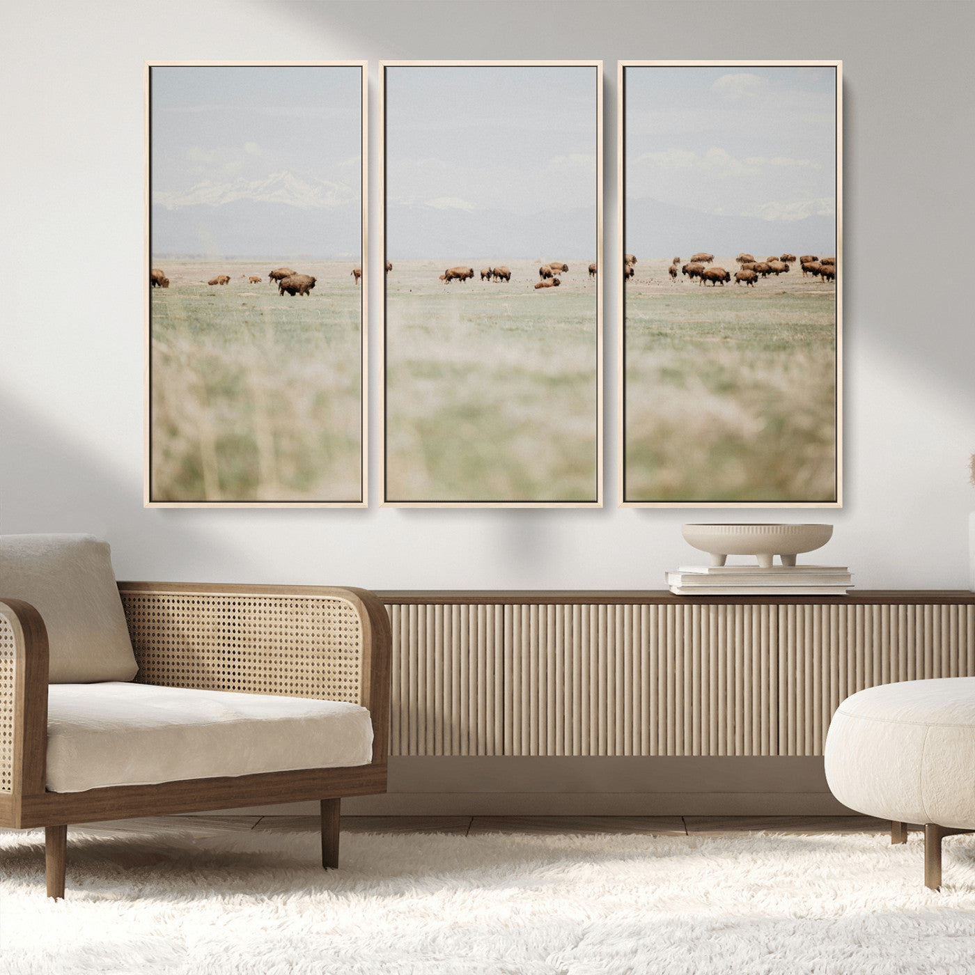 MGV-FC-48X32-3P - Bison Herd Wall Art Canvas Print, Framed Western Art Picture Print, Bison Perfect Ranch Decor Artwork