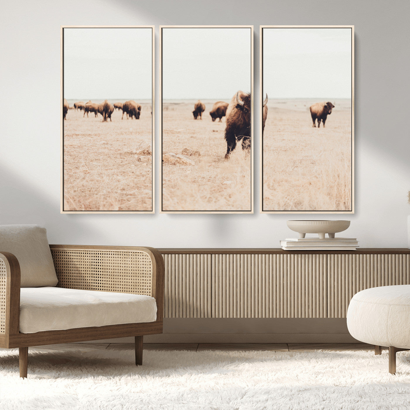 MGV-FC-48X32-3P - Bison Herd Wall Art Canvas Print, Framed Western Art Picture Print, Prairie Serenity Perfect Ranch Decor Artwork