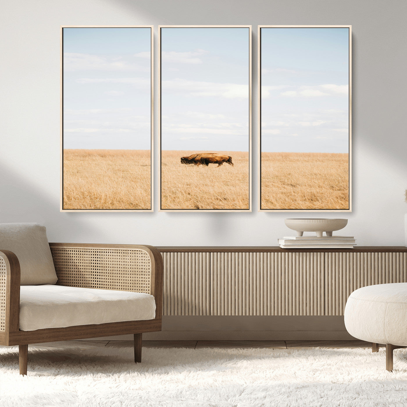 MGV-FC-48X32-3P - Minimalist Nature Wall Art Canvas Print, Framed Bison In Grassland Art Picture Print, Open Field Perfect Modern Ranch Decor Decor Artwork