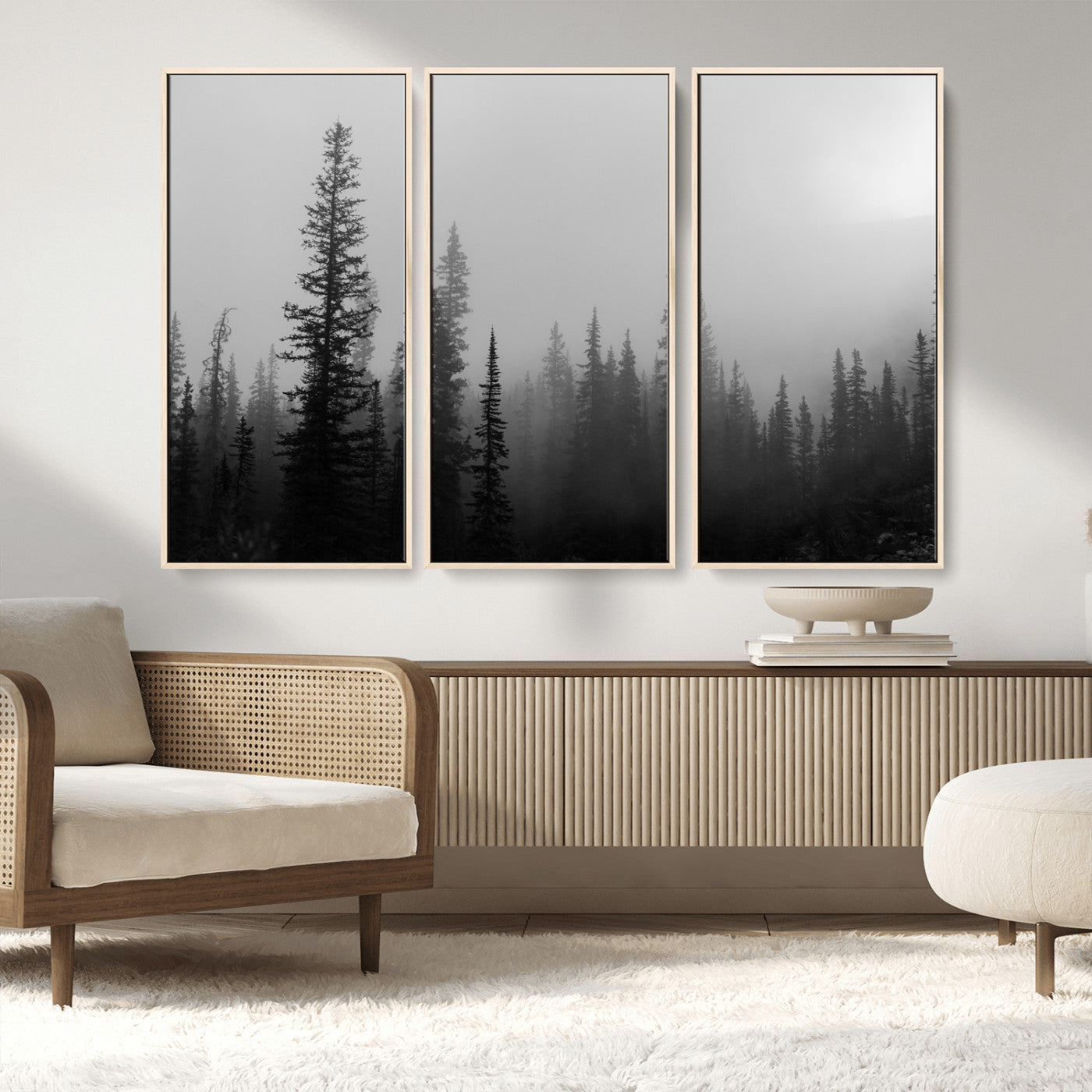 MGV-FC-48X32-3P - Misty Pines Wall Art Canvas Print, Framed Woodland Photography Art Picture Print, Minimalist Decor Perfect Rustic Decor Artwork