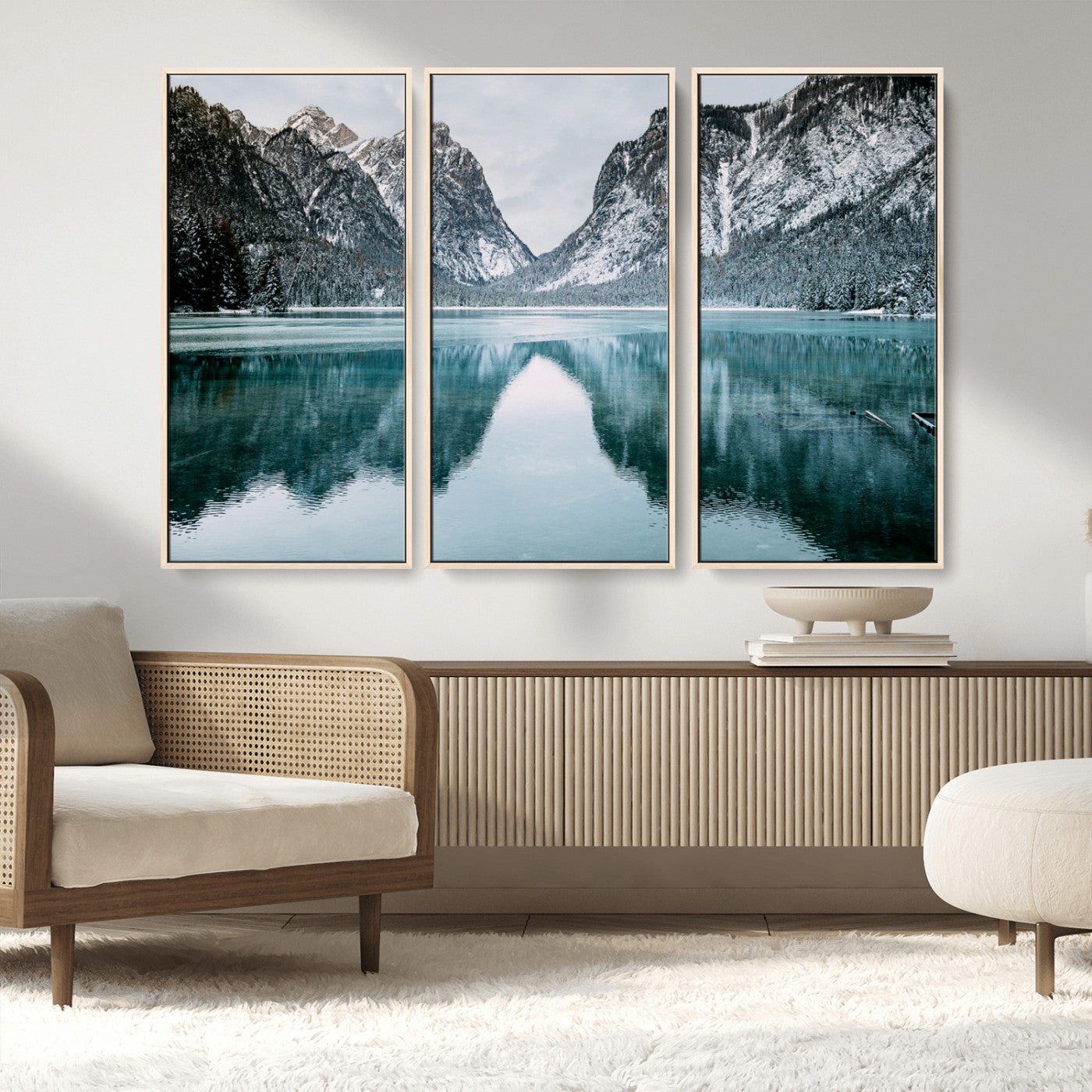 MGV-FC-48X32-3P - Mountain Lake Wall Art Canvas Print, Framed Wonderland Art Picture Print, Snowy Peaks Perfect Nature Decor Artwork