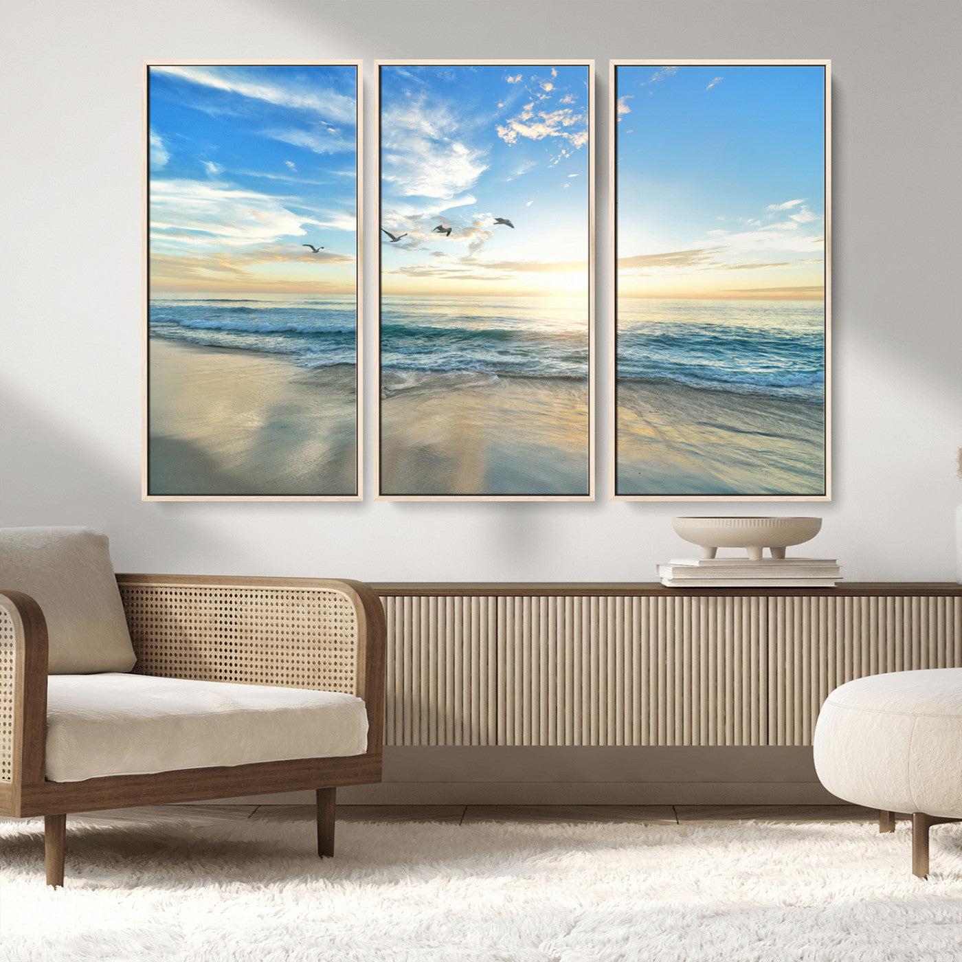 MGV-FC-48X32-3P - Minimalist Seaside Wall Art Canvas Print, Framed Morning Glow Art Picture Print, Golden Reflections Perfect Coastal Minimalist Decor Artwork