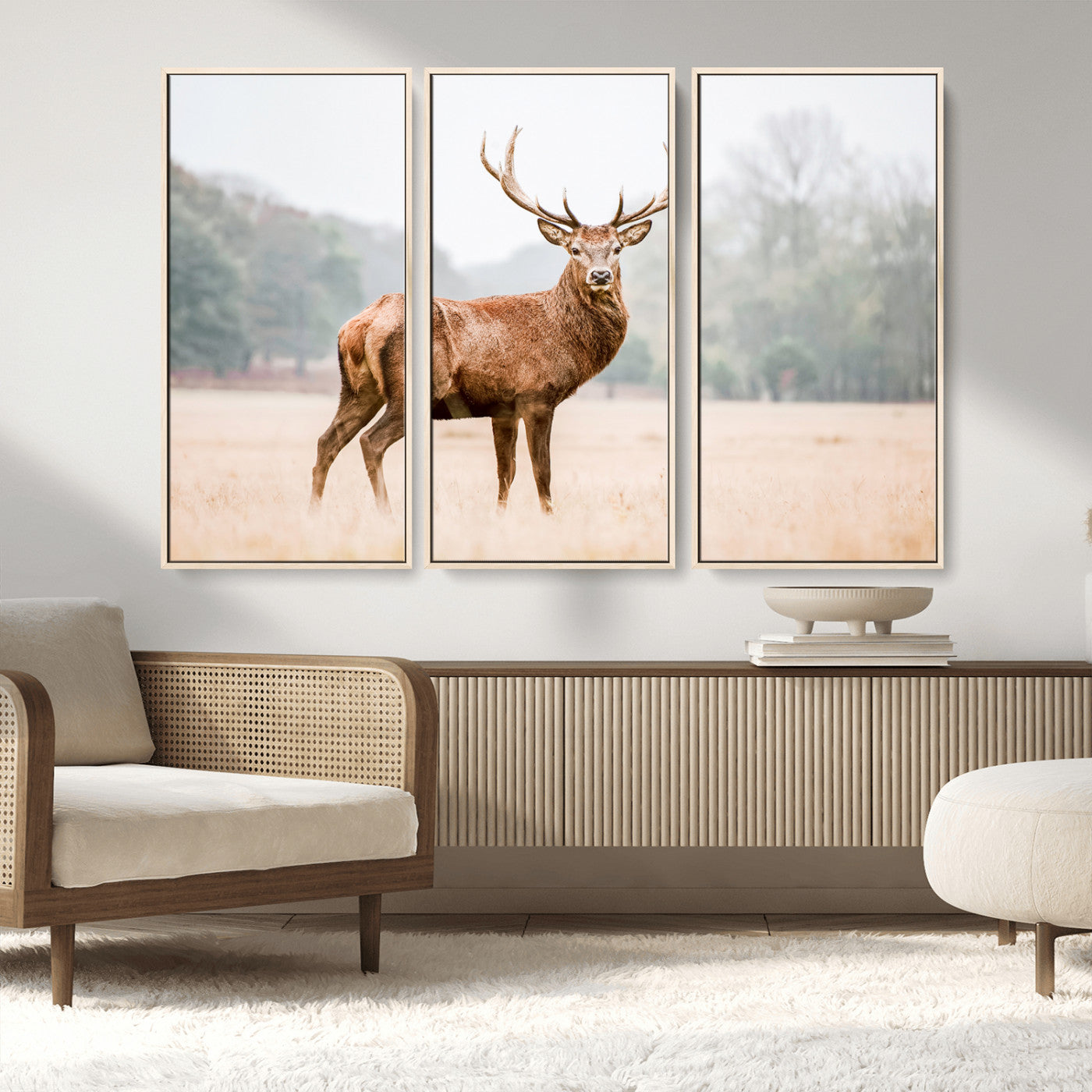 MGV-FC-48X32-3P - Vintage Wildlife Art Wall Art Canvas Print, Framed Misty Landscape Art Picture Print, Deer Wall Art Perfect Rustic Wildlife Decor Artwork