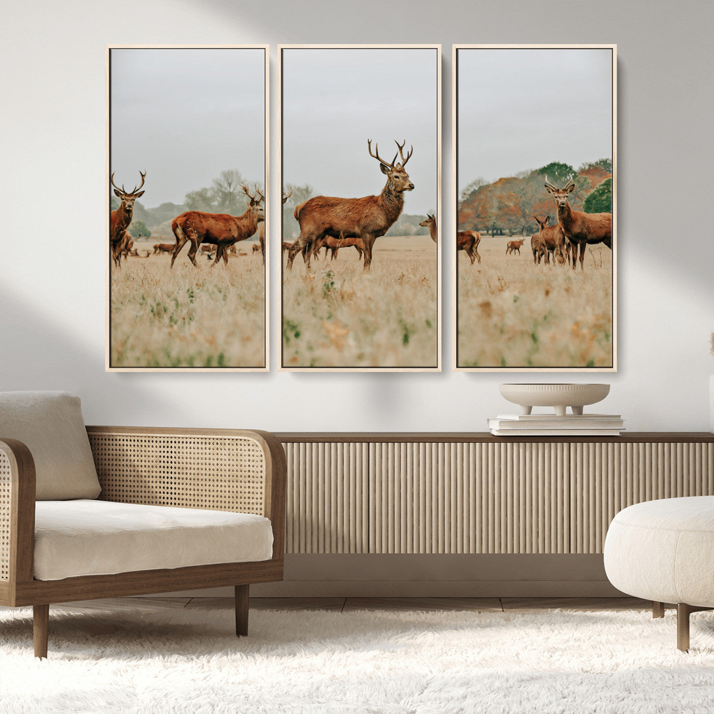 MGV-FC-48X32-3P - Rustic Deer Print Wall Art Canvas Print, Framed Autumn Nature Canvas Art Picture Print, Wildlife Art Print Perfect Rustic Wildlife Decor Artwork