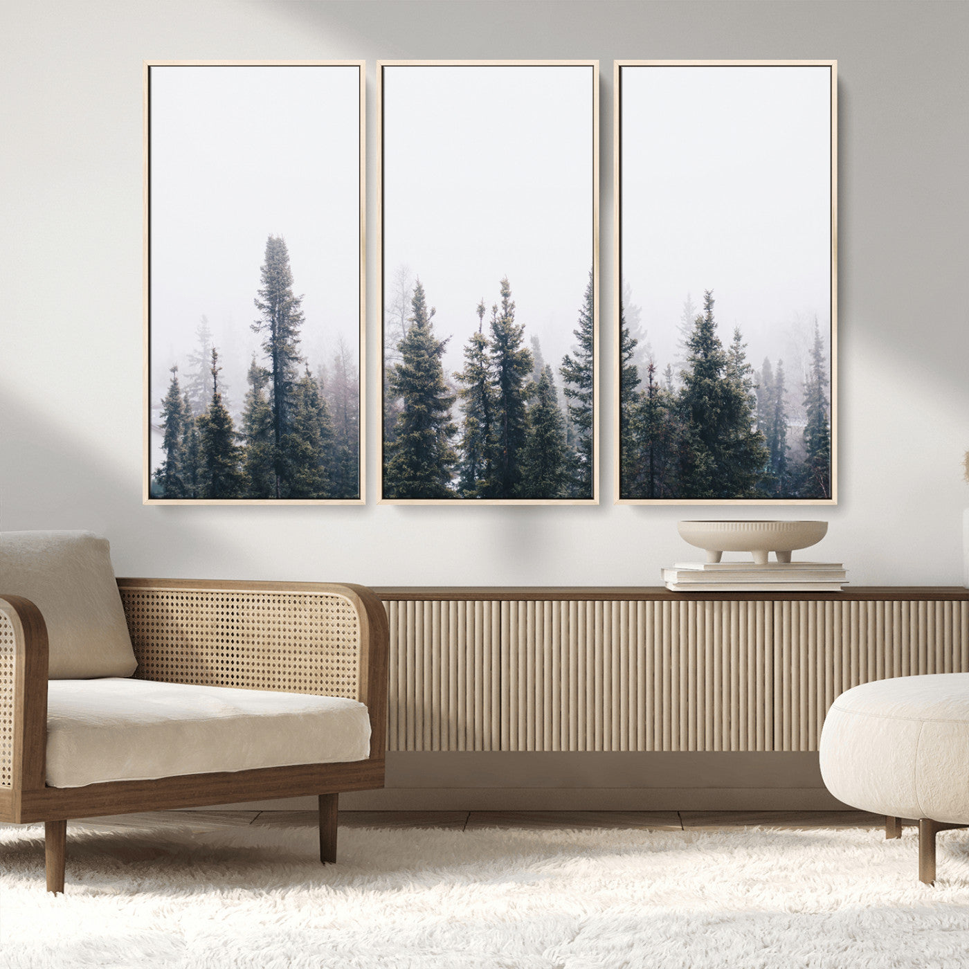 MGV-FC-48X32-3P - Foggy Forest Wall Art Canvas Print, Framed Misty Pines Art Picture Print, Moody Woodland Perfect Scandinavian Minimalist Decor Artwork