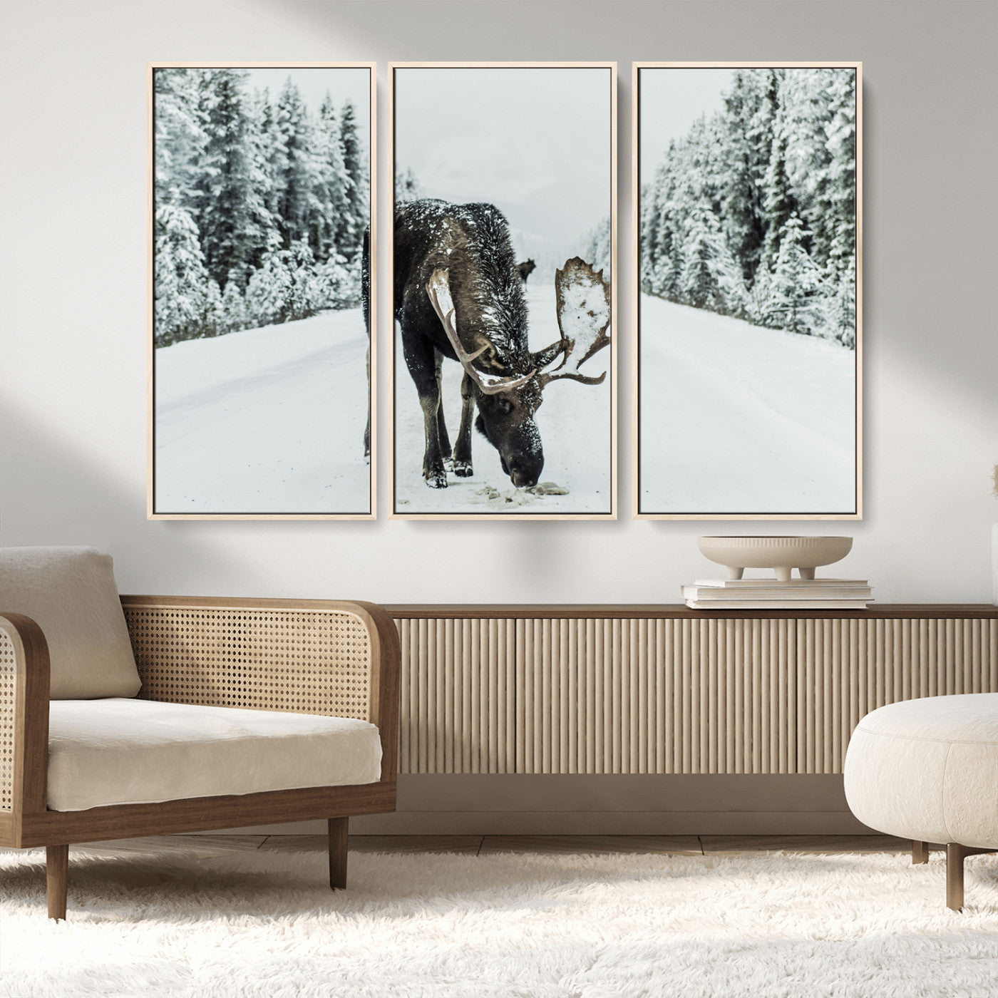 MGV-FC-48X32-3P - Moose in Snow Wall Art Canvas Print, Framed Winter Wildlife Art Picture Print, Snowy Forest Scene Perfect Rustic Lodge Decor Artwork