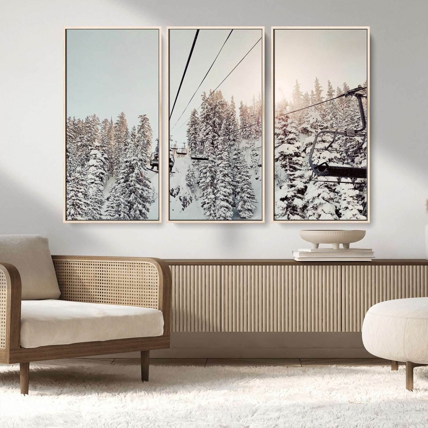 MGV-FC-48X32-3P - Frosty Pines Wall Art Canvas Print, Framed Cozy Cabin View Art Picture Print, Ski Lift Ride Perfect Rustic Lodge Decor Artwork