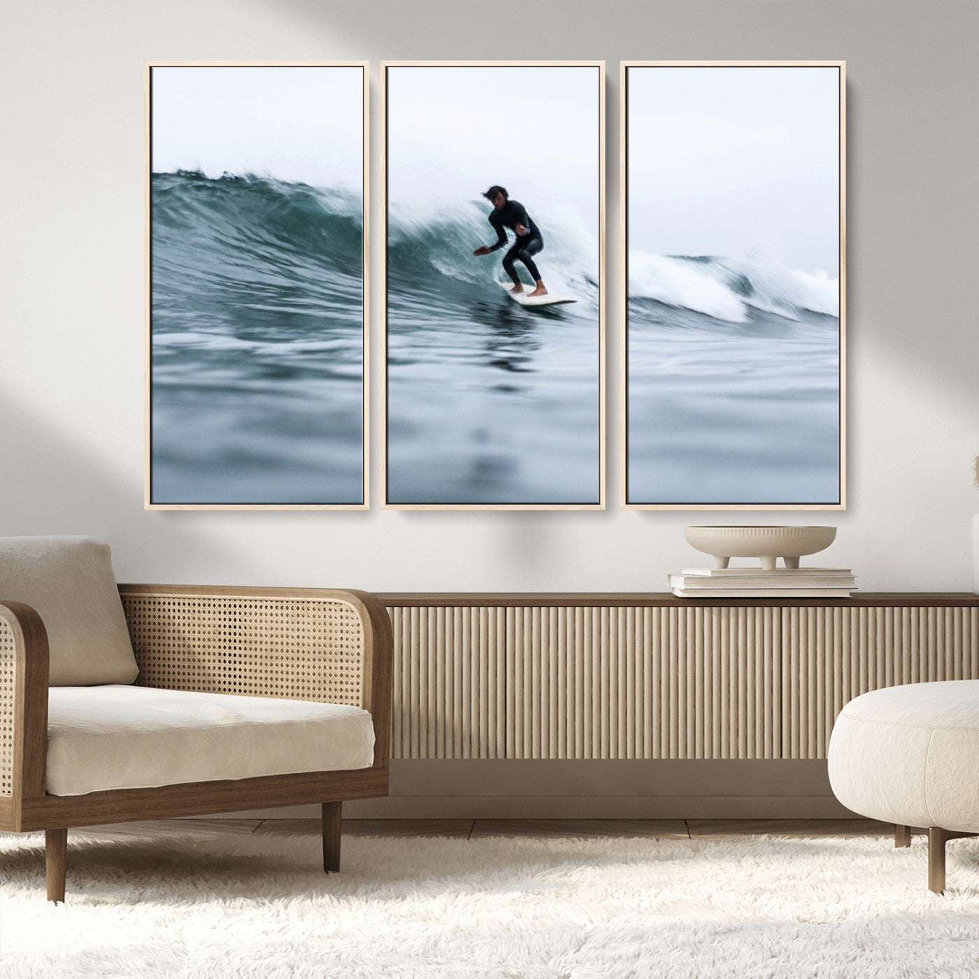 MGV-FC-48X32-3P - Surfer on Wave Wall Art Canvas Print, Framed Ocean Adventure Art Picture Print, Motion Blur Water Perfect Coastal Adventure Decor Artwork