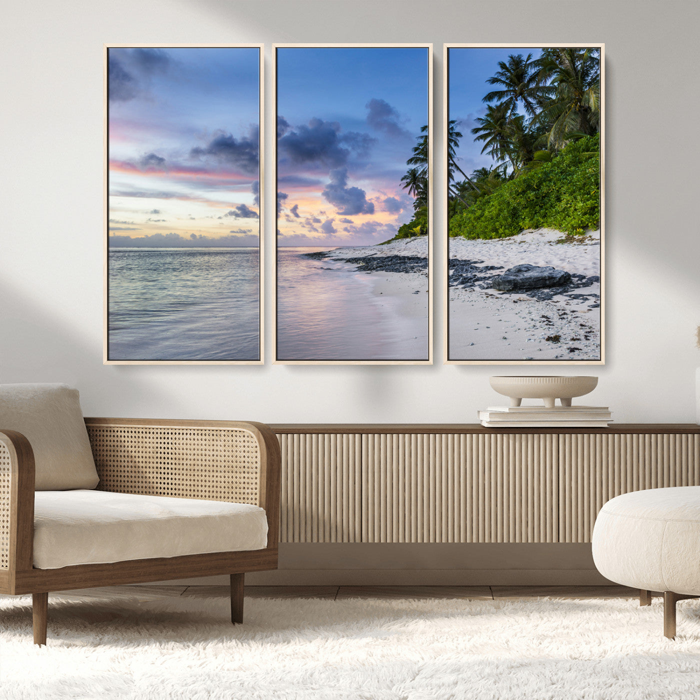 MGV-FC-48X32-3P - Tropical Beach Wall Art Canvas Print, Framed Sunset Glow Art Picture Print, Palm Tree Coast Perfect Tropical Coastal Decor Artwork