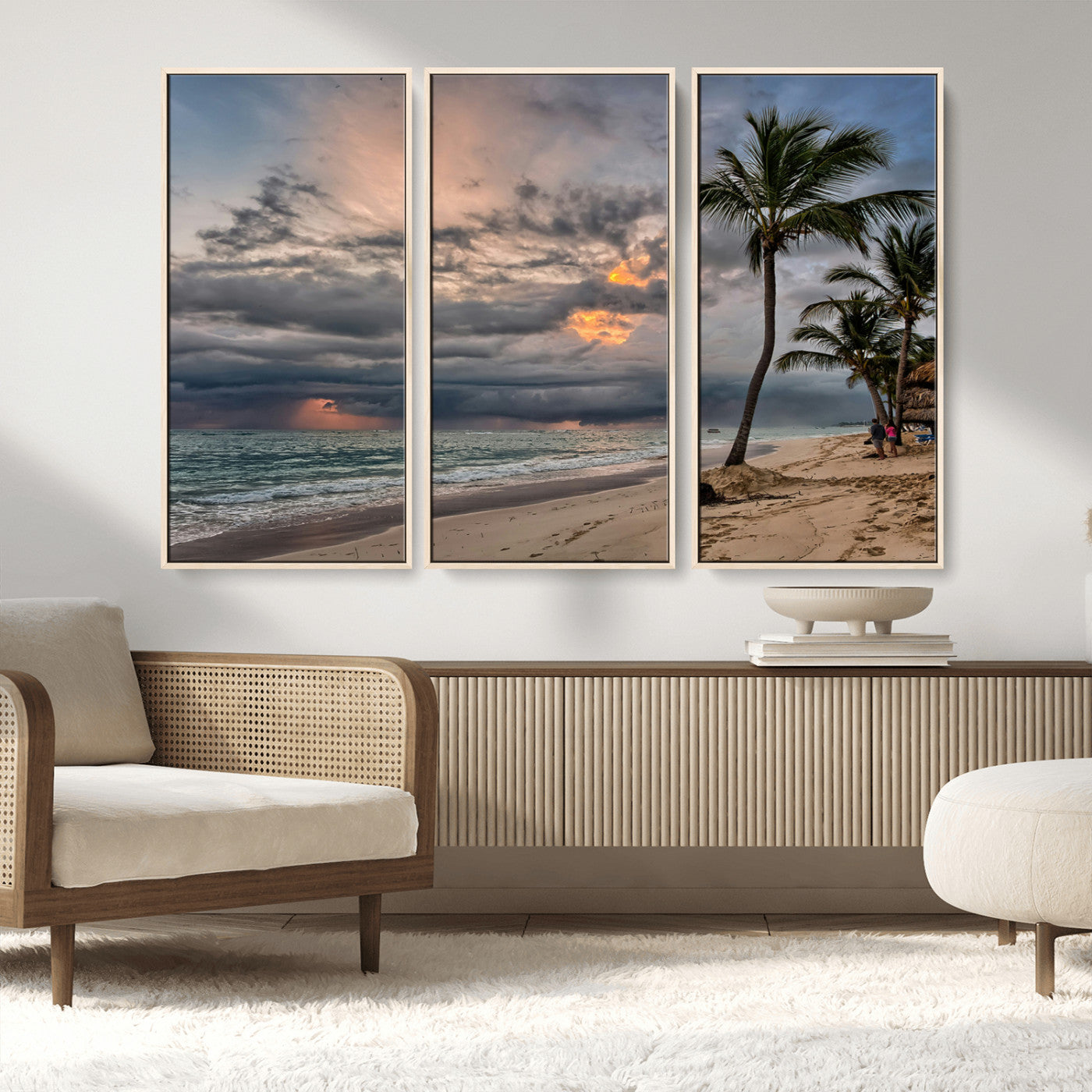 MGV-FC-48X32-3P - Tropical Storm Wall Art Canvas Print, Framed Moody Beach Art Picture Print, Dramatic Sky Perfect Tropical Coastal Decor Artwork