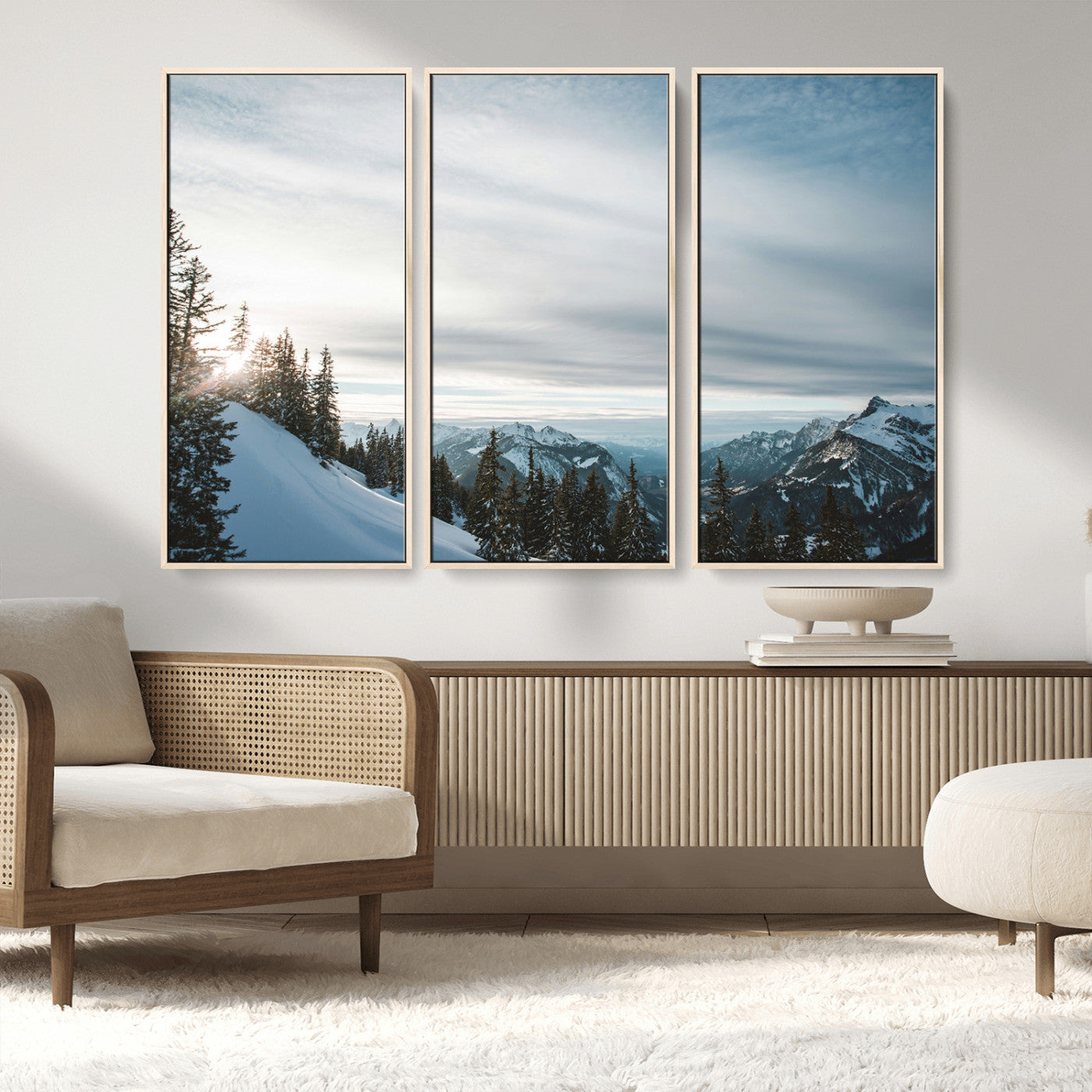 MGV-FC-48X32-3P - Snowy Mountains Wall Art Canvas Print, Framed Alpine Landscape Art Picture Print, Frosty Peaks Perfect Nordic Minimalist Decor Artwork