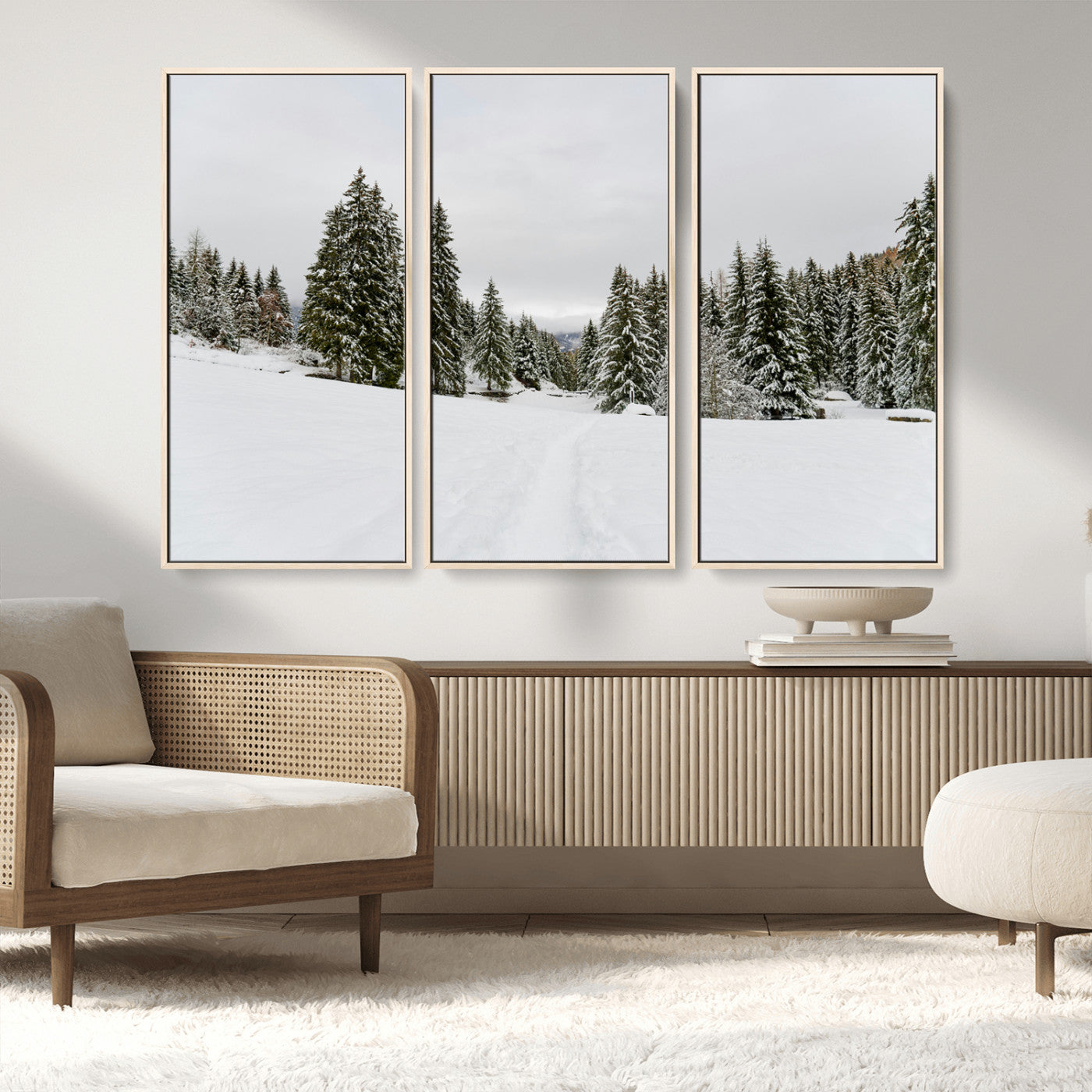 MGV-FC-48X32-3P - Frosty Pines Wall Art Canvas Print, Framed Silent Snowfall Art Picture Print, Cozy Cabin Vibes Perfect Nordic Minimalist Decor Artwork