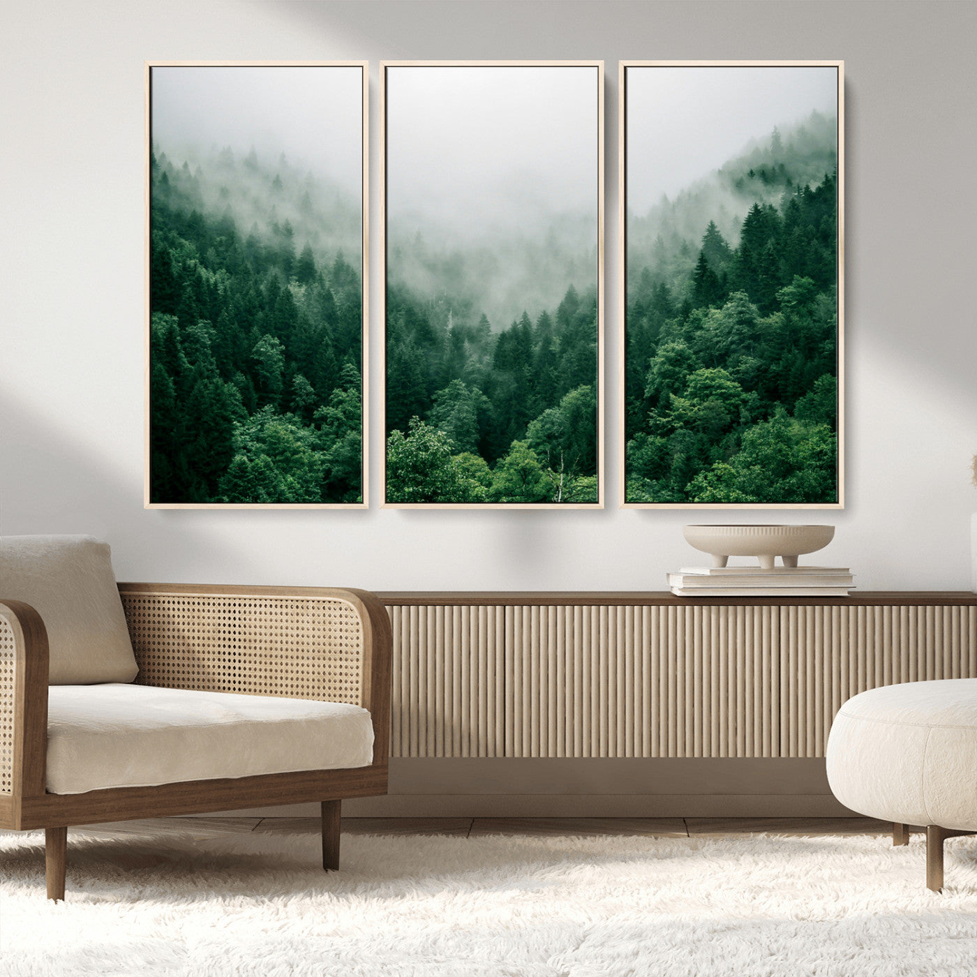 MGV-FC-48X32-3P - Misty Green Forest Canvas Print – Serene Foggy Pine Landscape Wall Art, Tranquil Nature Decor for
