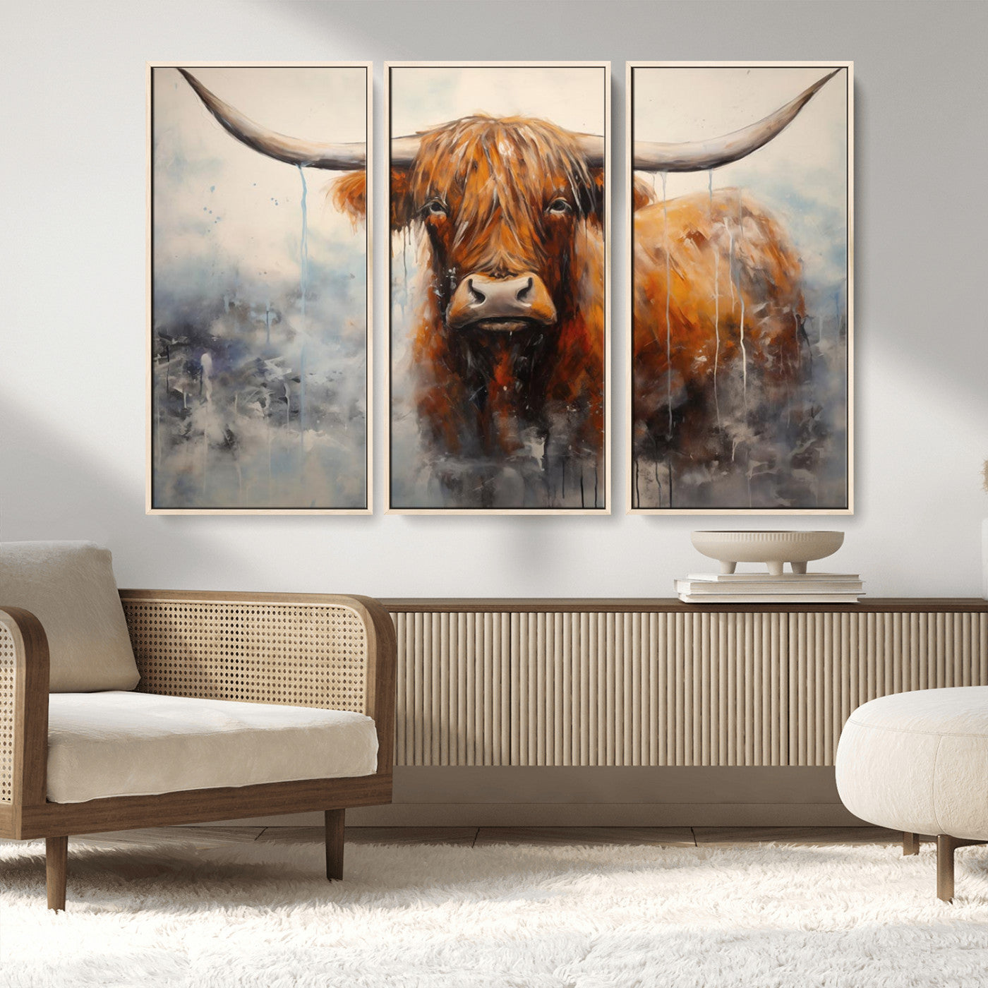MGV-FC-48X32-3P - Scottish Highland Wall Art Canvas Print, Framed Longhorn Art Picture Print, Western Cow Perfect Farmhouse Decor Artwork