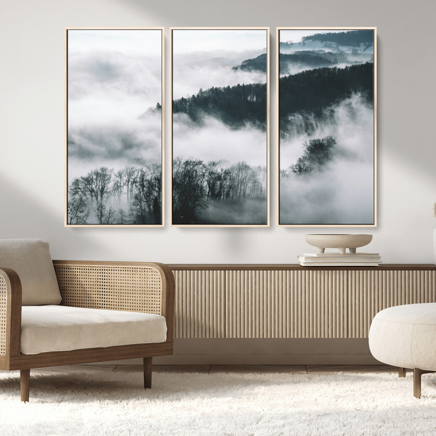 67569654-MGV-CV-36X24-Foggy Forest Landscape Wall Art Canvas Print – Misty Mountain Valley Scene in Monochrome Tones, Perfect for Minimalist or Nordic Home Decor
