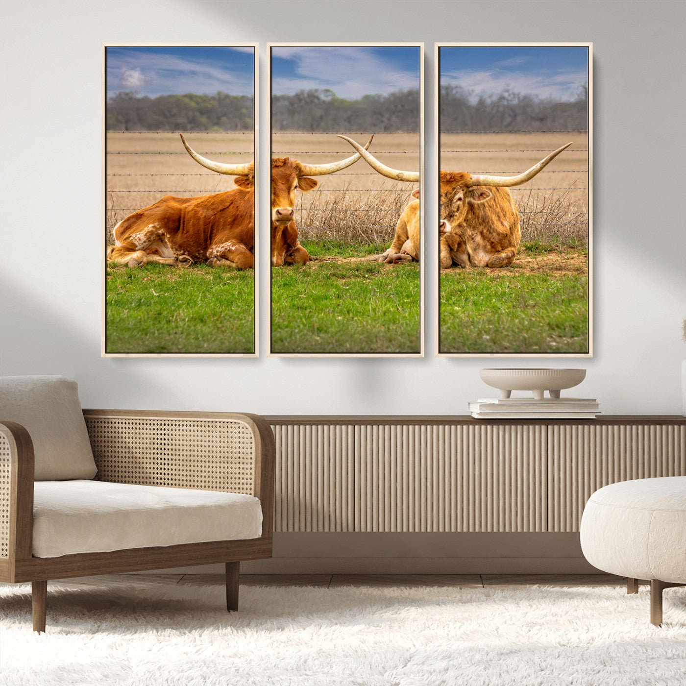 54598515-MGV-CV-36X24-Texas Longhorn Pair Wall Art Canvas Print – Peaceful Rustic Ranch Scene with Two Cattle in Field, Perfect for Western Farmhouse Home Decor