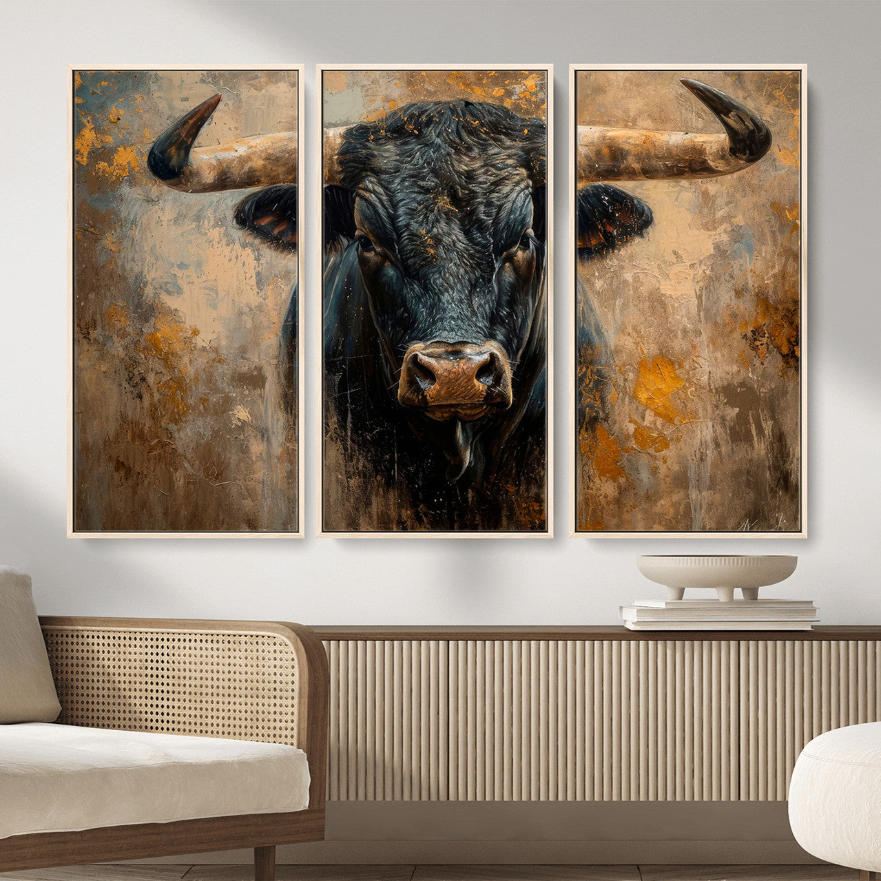 91615410-MGV-CV-36X24 - Abstract Texas Longhorn Bull Wall Art – Rustic Farmhouse Canvas Print, Western Cabin Style Decor, Large Animal Artwork for Living Room or Office