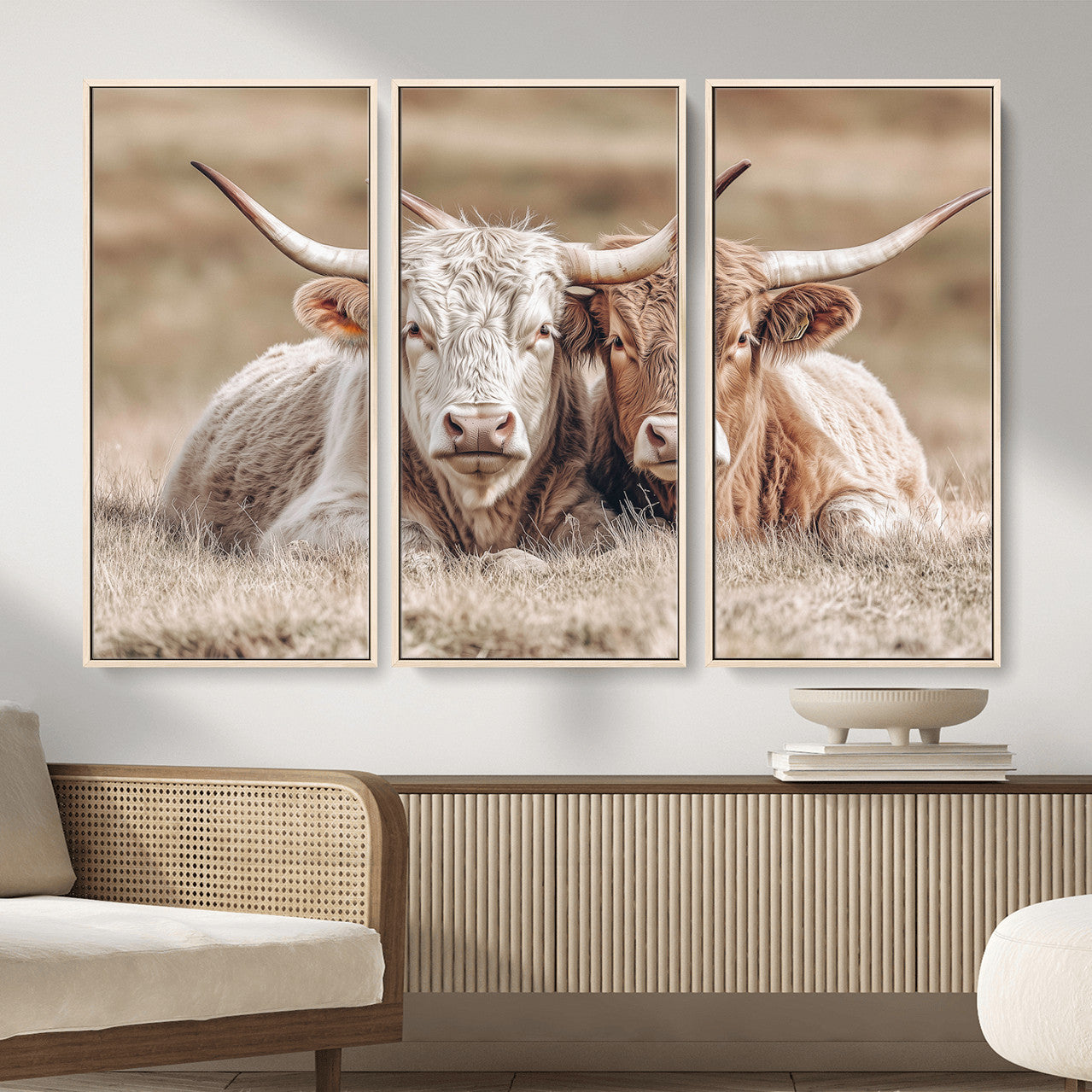 38651722-MGV-CV-36X24 - Highland Cows Meadow Canvas Wall Art – Peaceful Cow Photography Print, Rustic Farmhouse Animal Decor for Country Home, Living Room, Office