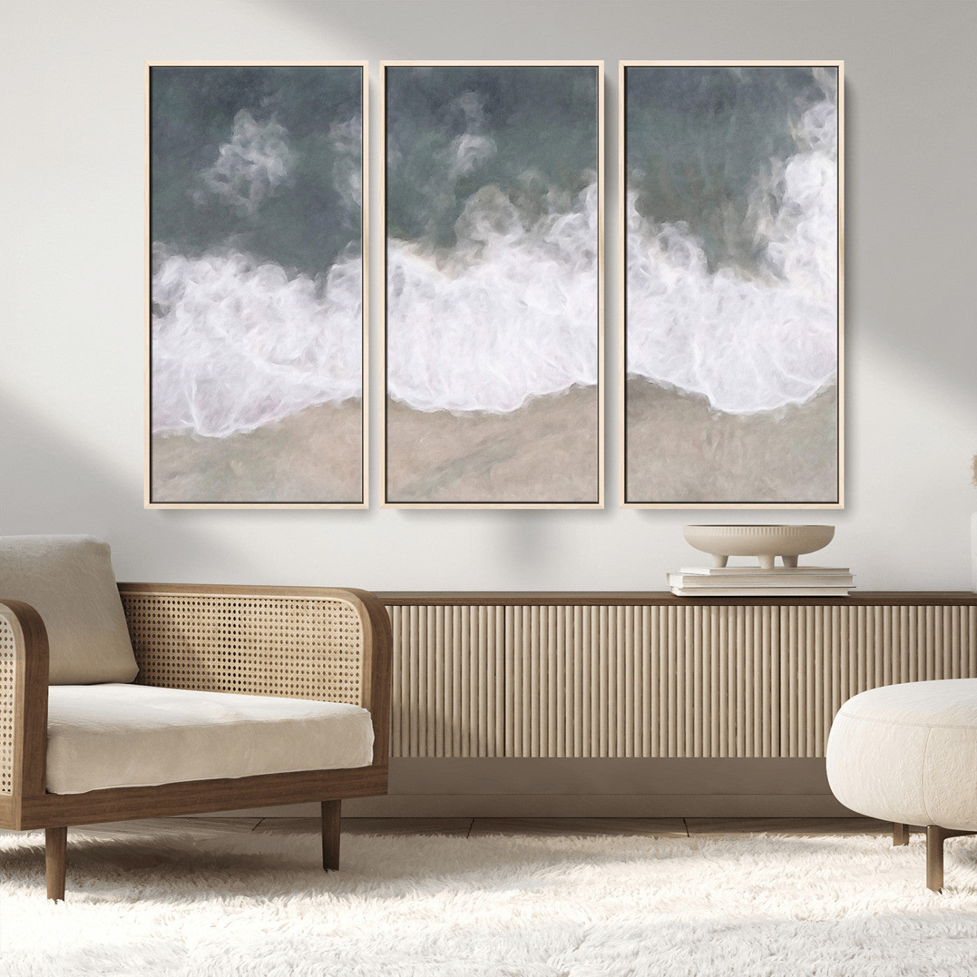 Wall art canvas print featuring foamy ocean waves softly rolling onto a sandy shore with a dreamy, painterly texture.