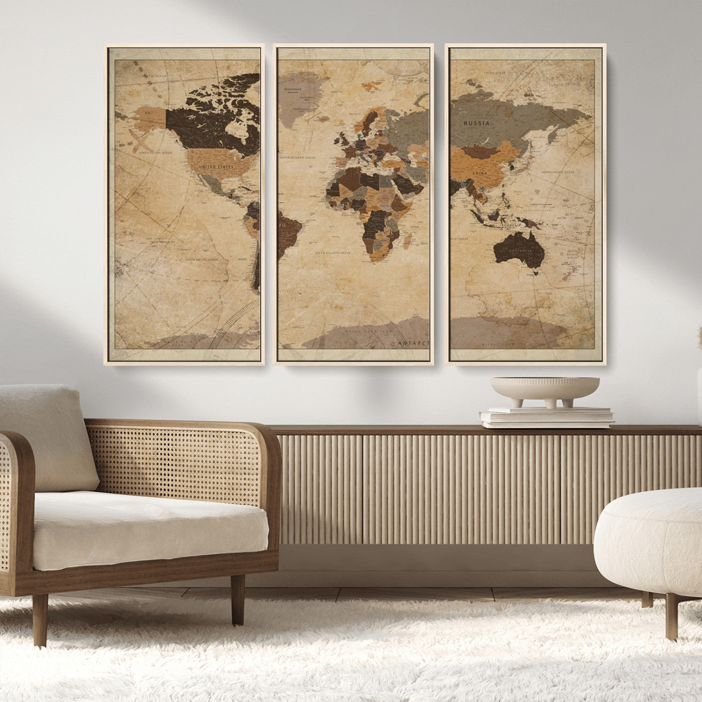 Vintage-style world map with muted brown, beige, and sepia tones, showing countries and continents with a weathered paper texture background.