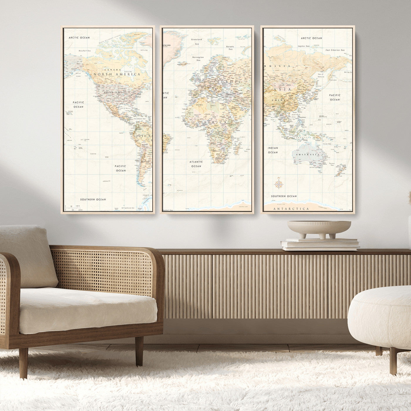 An antique-style world map showing continents, countries, and oceans with soft beige tones, detailed borders, and classic typography, enhanced by a subtle grid overlay and a vintage compass rose.