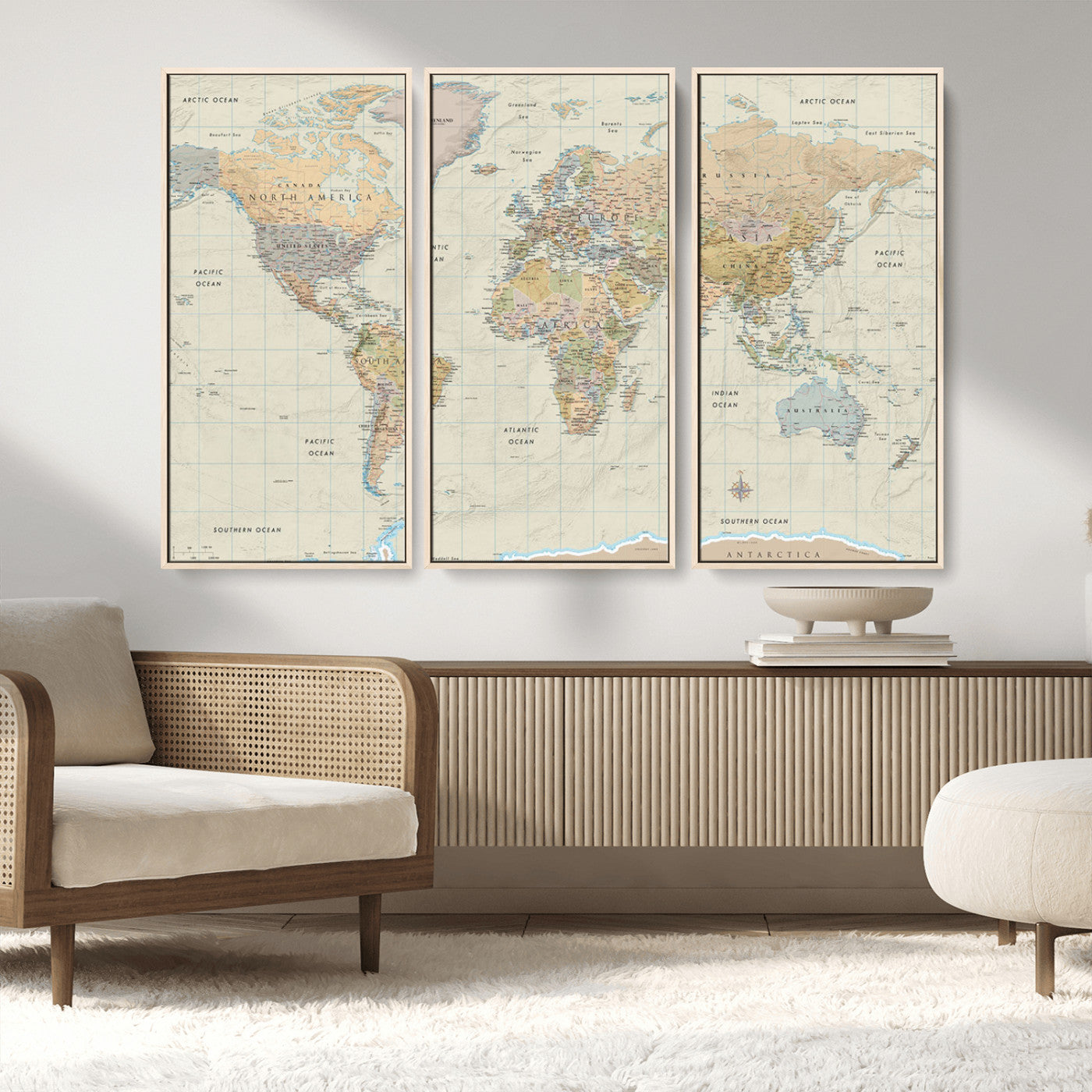 A detailed vintage-style political world map displaying continents, countries, and oceans with clear borders and labels, set on a beige textured background with grid lines.