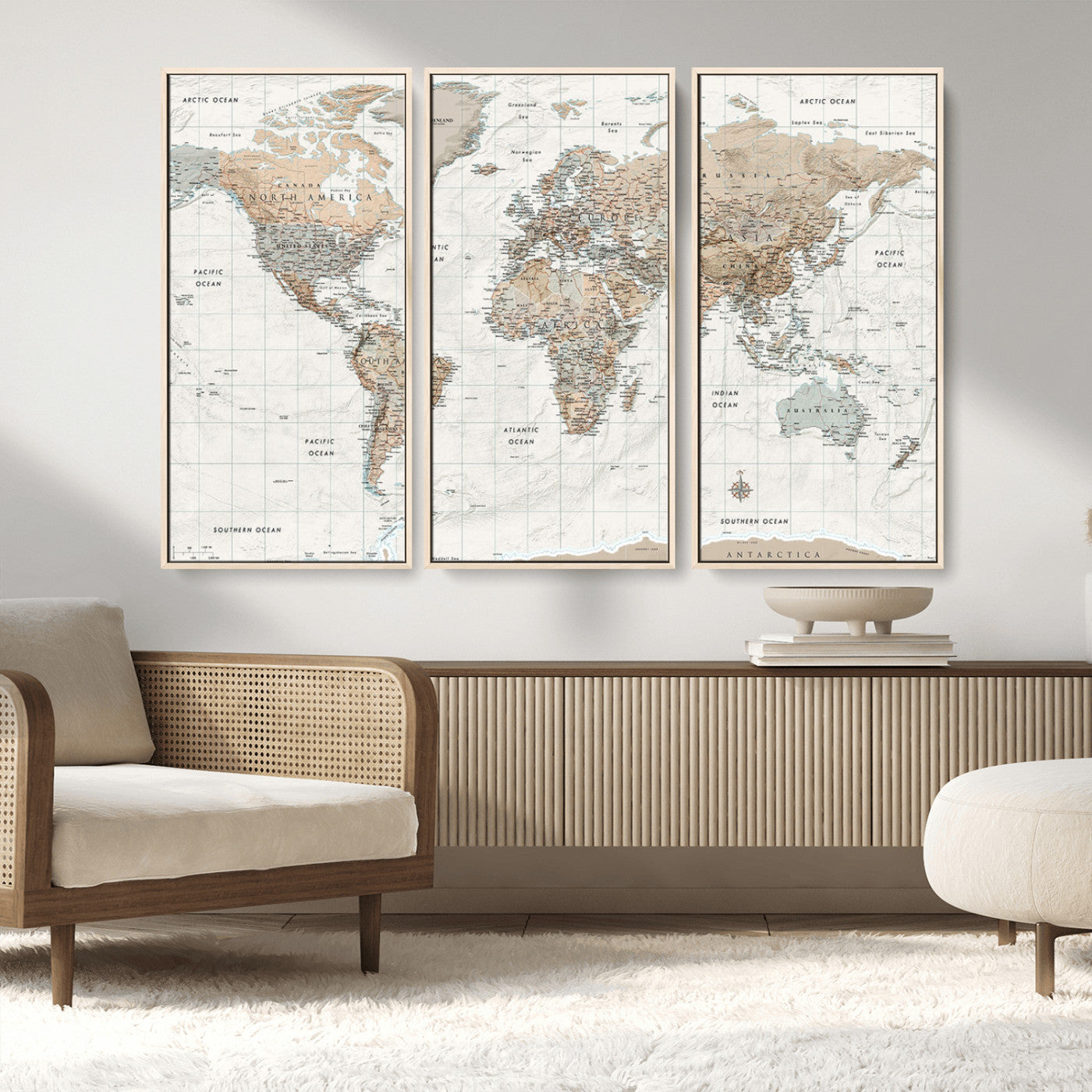 Vintage world map with detailed country borders and labels, featuring soft earthy tones of beige, brown, and gray on a textured parchment background, including oceans, continents, and major cities.