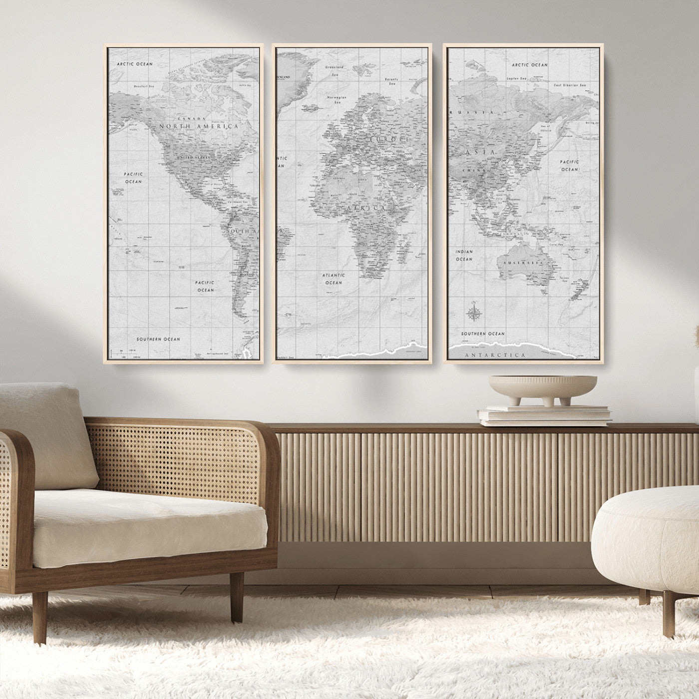Grayscale vintage world map with detailed country borders, oceans, continents, and major cities on a textured parchment background.