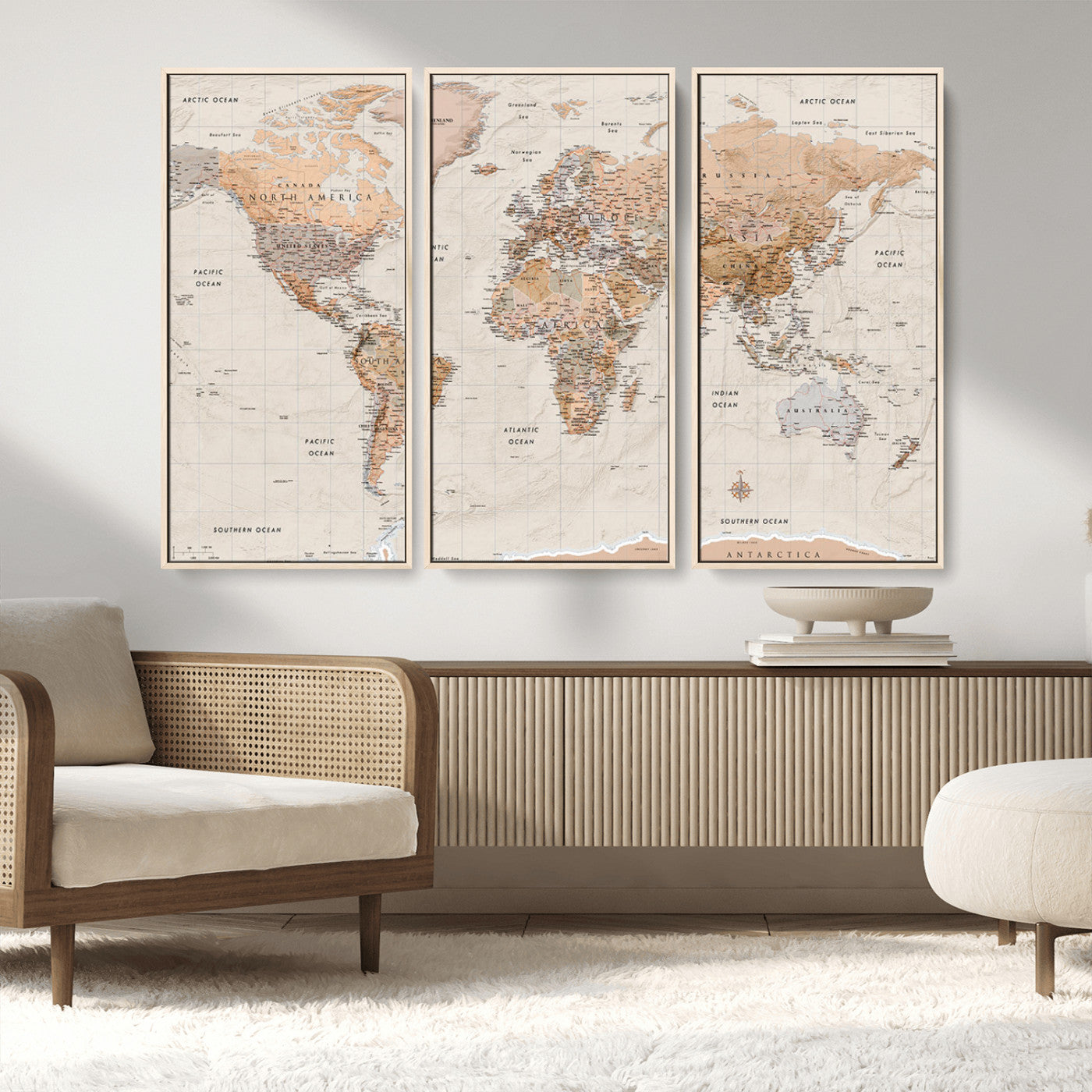 Detailed vintage world map with warm earth tones showing country borders, oceans, continents, and major cities, styled with a textured parchment background.