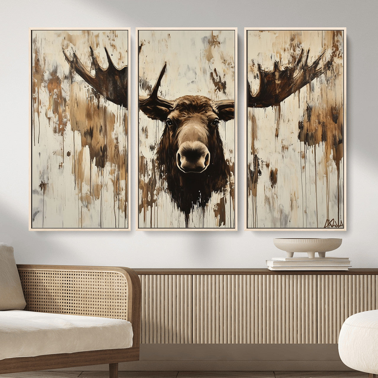 34496536-MGV-CV-36X24 - Powerful Moose Portrait Wall Art – Rich Earthy Tones, Expressive Brushstrokes, Striking Gaze, Raw Nature Vibes Decor for Home or Office