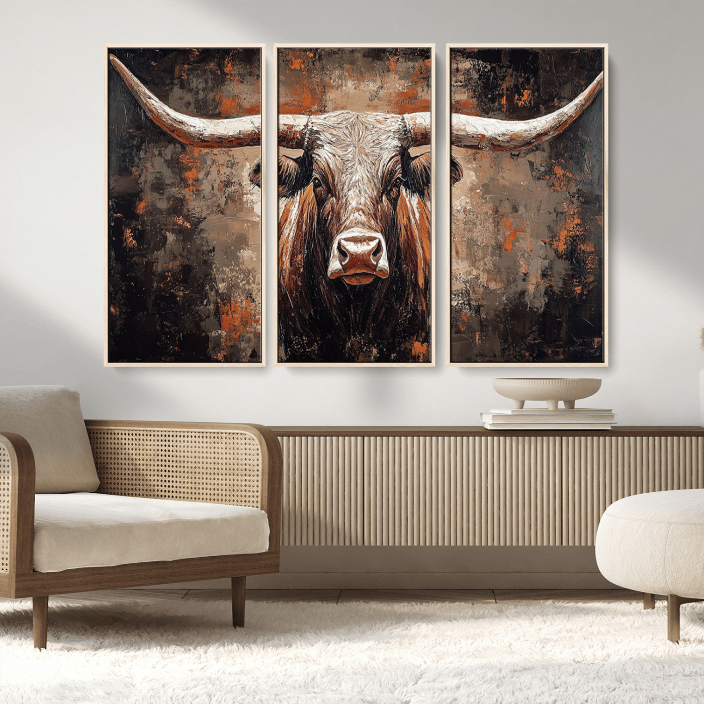 42732393-MGV-CV-36X24-Rustic Longhorn Bull Wall Art Canvas Print – Vintage Western Cattle Painting, Texas Steer Artwork for Ranch, Farmhouse or Cowboy Decor