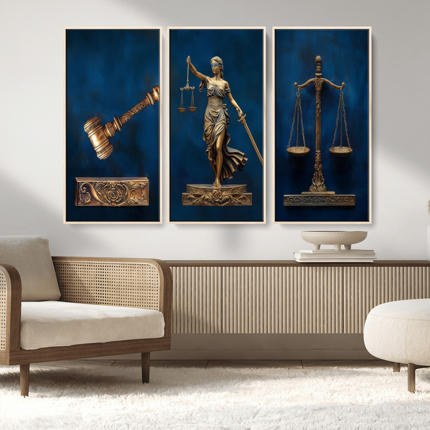 MGV-FC-48X32-3P - Lady Justice Wall Art Canvas Print – Elegant Gold Legal Symbols on Blue Background, Perfect for Law