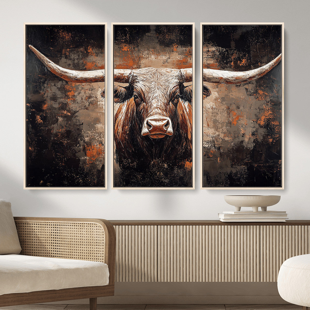 24779067-MGV-CV-36X24 - Rustic Longhorn Bull Wall Art Canvas Print – Vintage Western Cattle Painting, Texas Steer Artwork