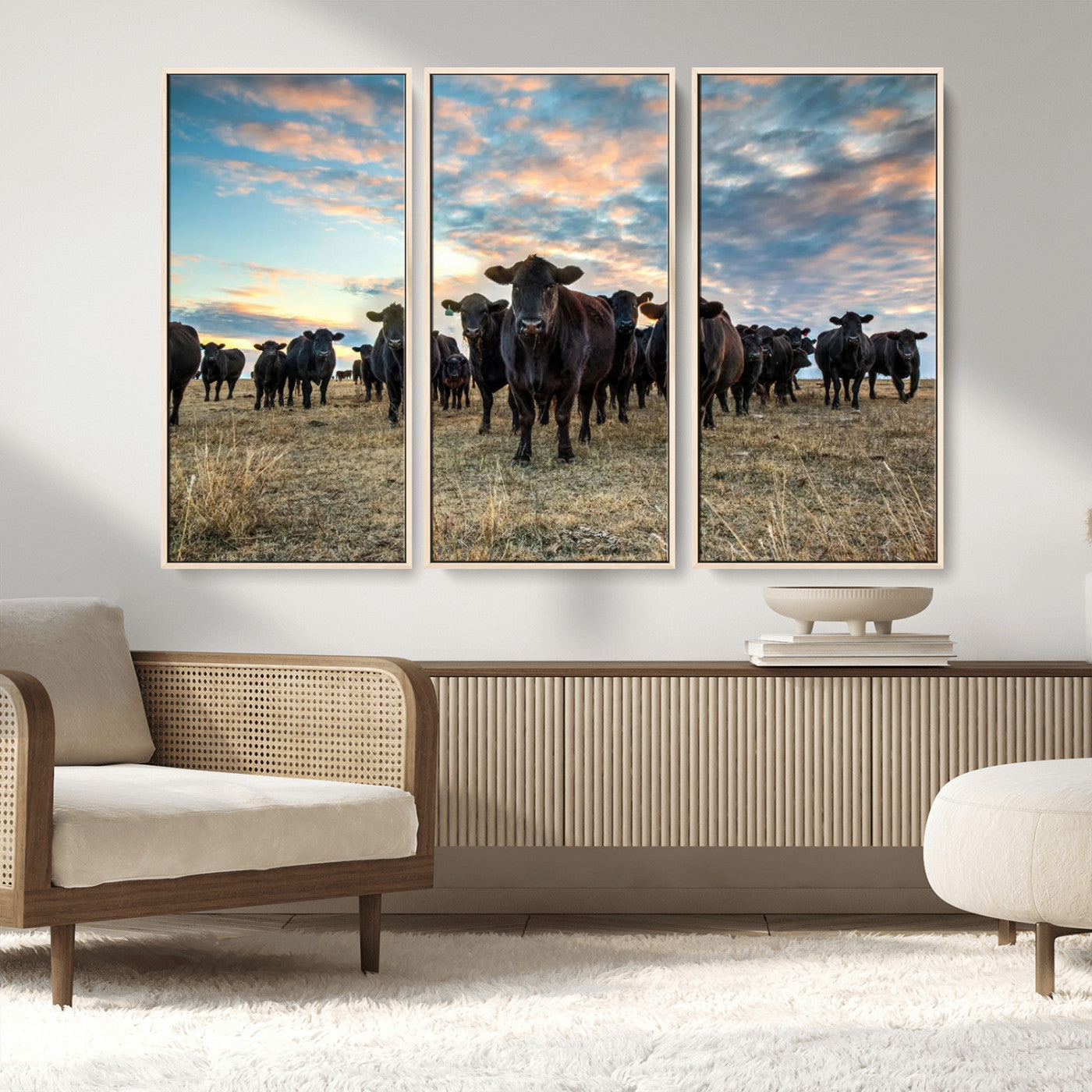 13867292-MGV-CV-36X24-Texas Longhorn Cattle Wall Art Canvas Print – Rustic Western Ranch Scene with Steers at Sunset, Perfect for Farmhouse or Cowboy Decor