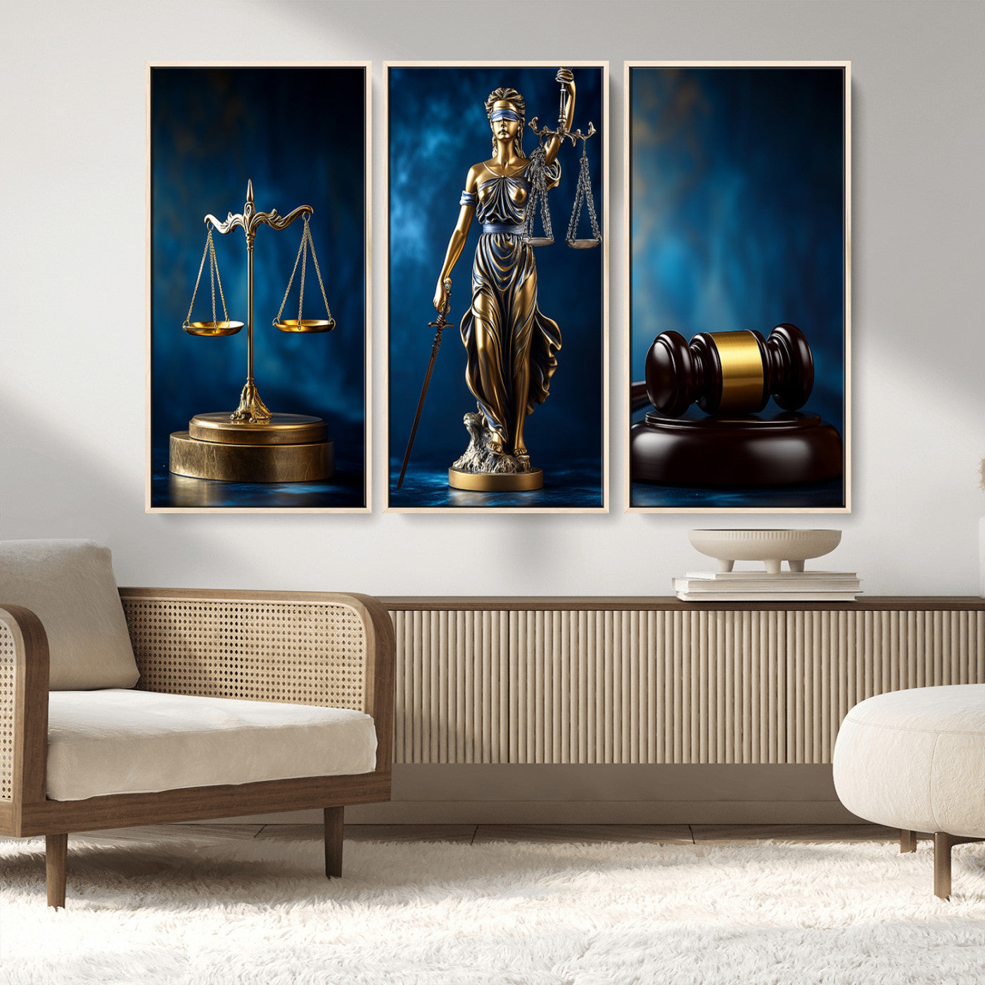 MGV-FC-48X32-3P - Lady Justice Wall Art Canvas Print – Elegant Gold Legal Symbols on Blue Background, Perfect for Law