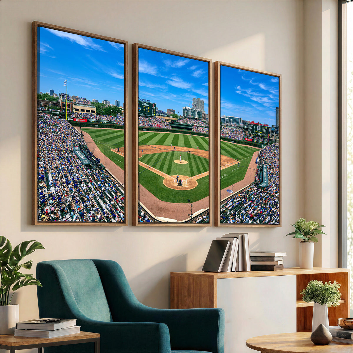 35800083-MGV-CV-36X24 - Wrigley Field Baseball Stadium Canvas Wall Art – Packed Crowd Sports Stadium City Skyline Artwork for Home Office