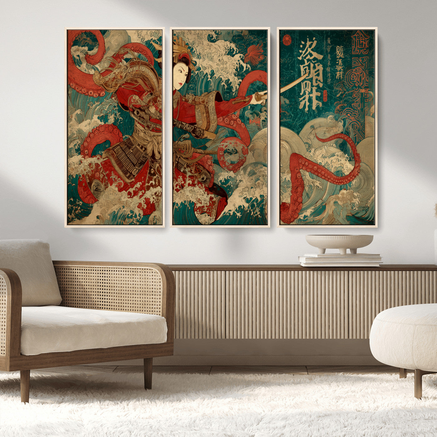 MGV-FC-48X32-3P - Tsukioka Yoshitoshi Samurai Wall Art Print, Japanese Katana Warrior Canvas Wall Art, Octopus Sea Monster Canvas Print,